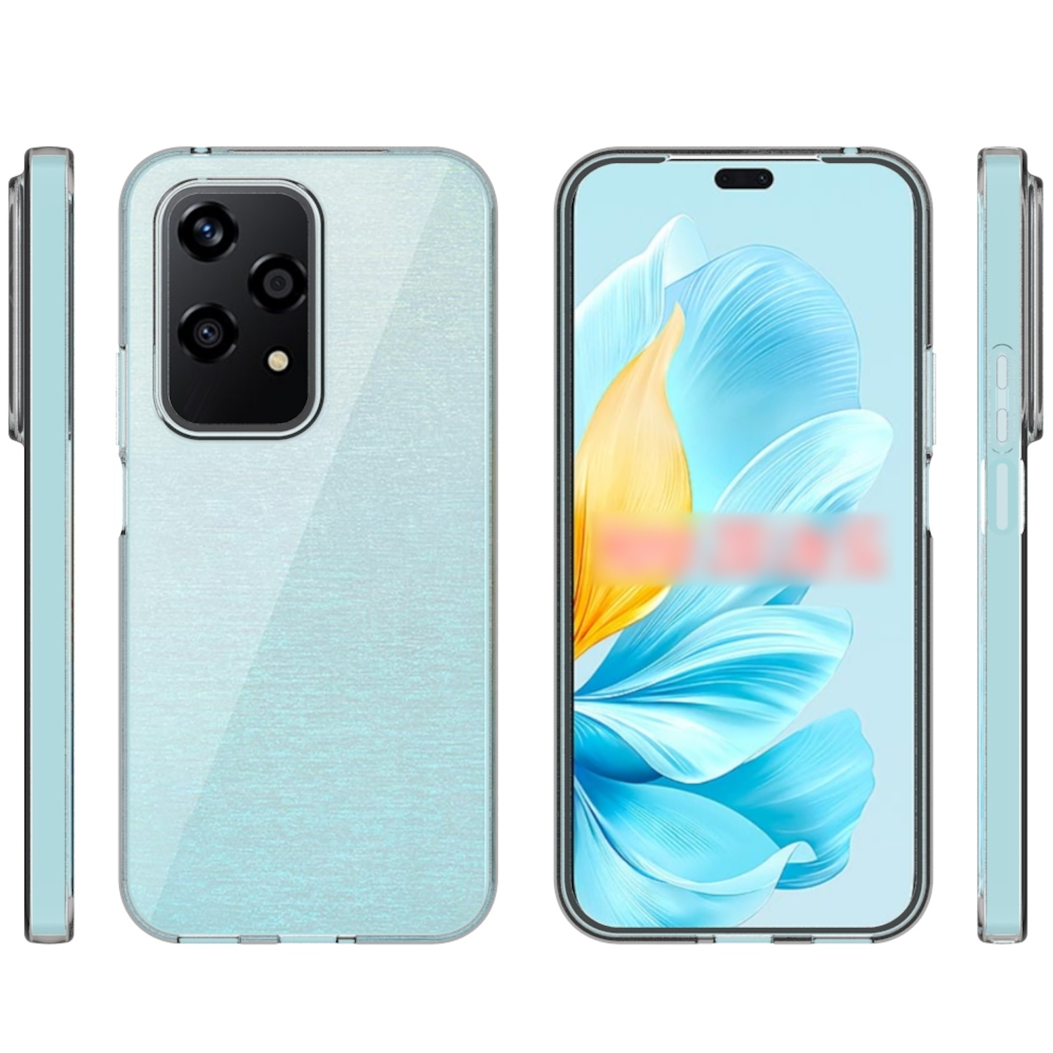 Telefon auf weißem Hintergrund. Drei Ansichten: vorne, seitlich und hinten. Hellblau, glänzendes Finish. Kameradetail.