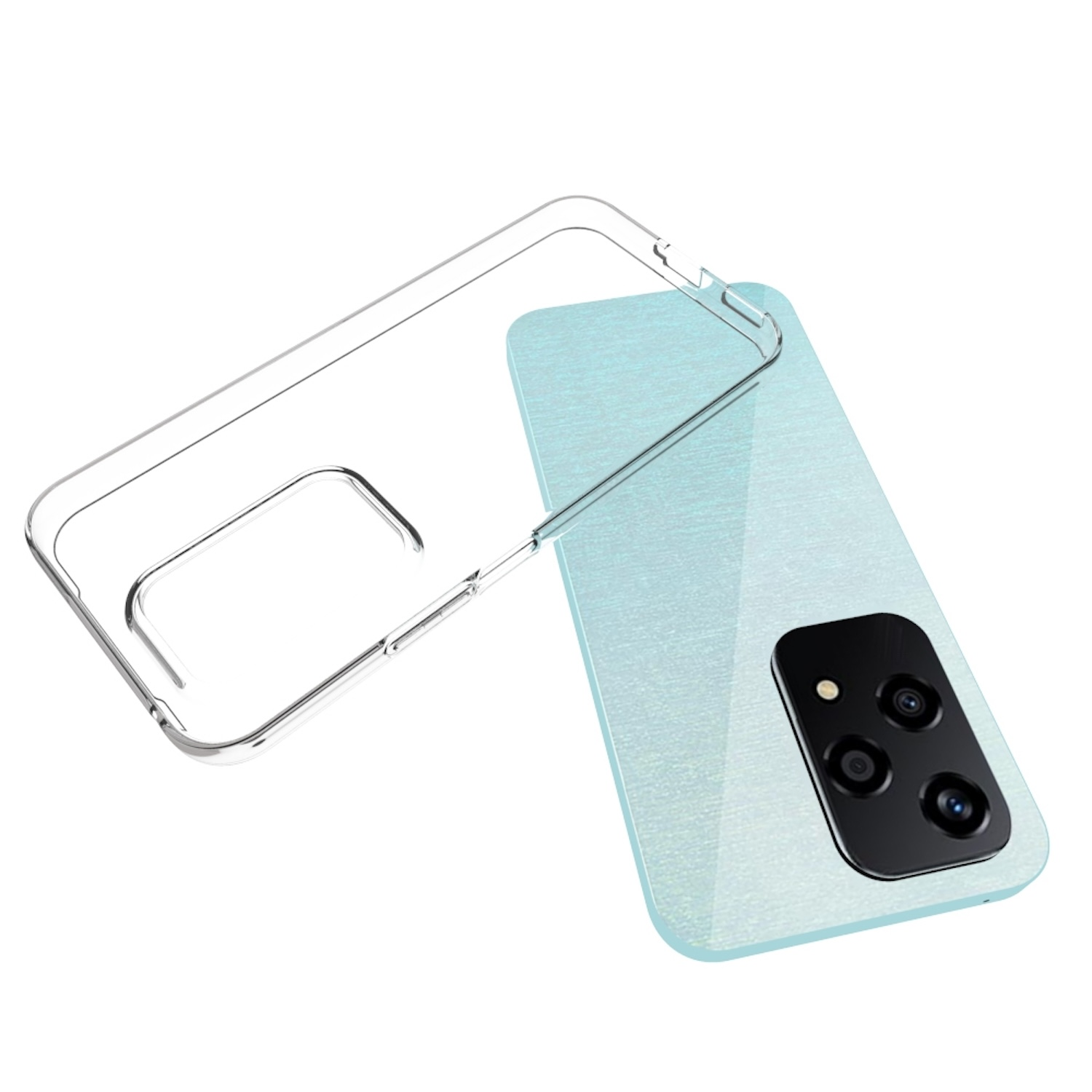 Transparente Handyhülle offen, blaue Telefonrückseite.