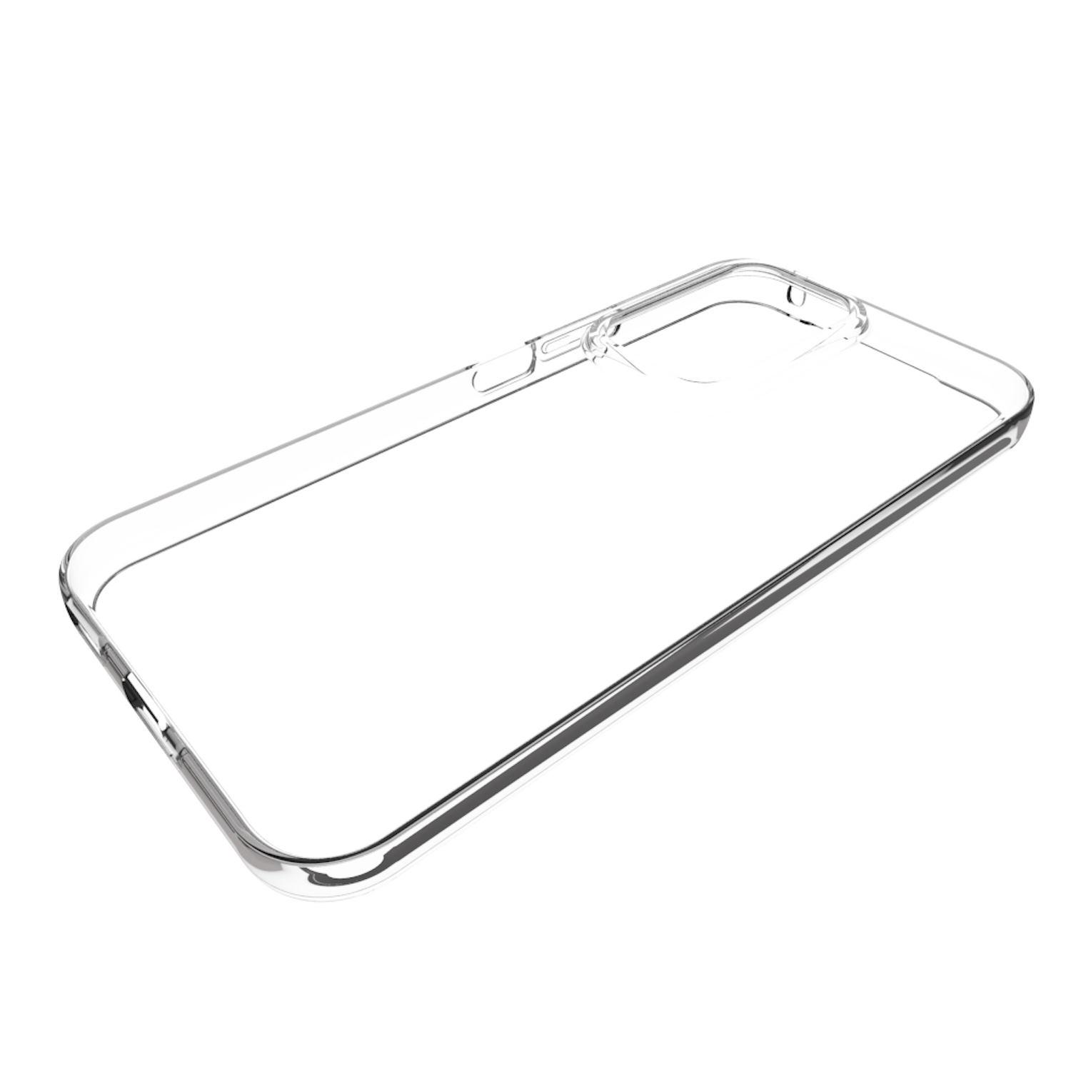 Eine durchsichtige Handyhülle auf weißem Hintergrund. Sie ist transparent und rechteckig.