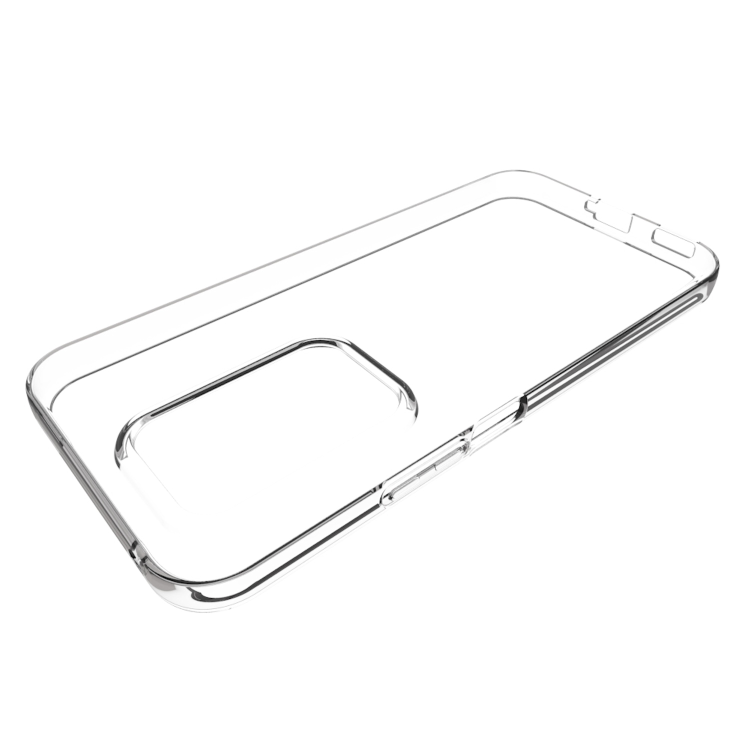 Transparente Handyhülle. Sie hat einen Kameraausschnitt und ist für ein Telefon konzipiert.