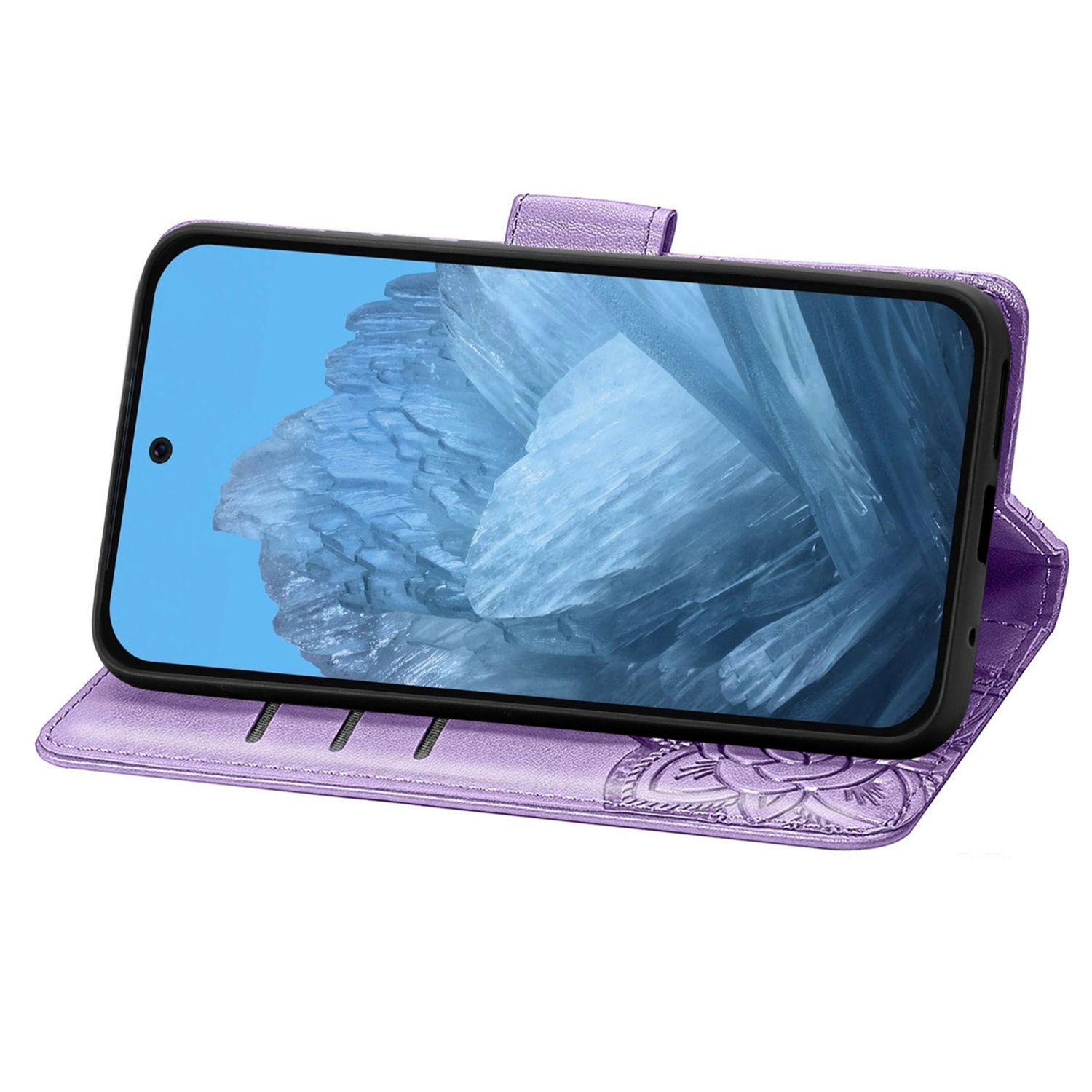 Lila Handyhülle mit Smartphone und Blumendesign.
