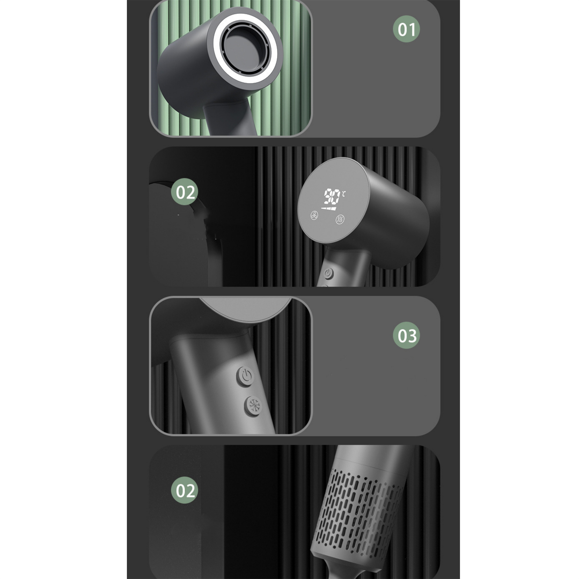 Detaillierte Bilder eines schwarzen Haartrockners, die verschiedene Funktionen zeigen.
