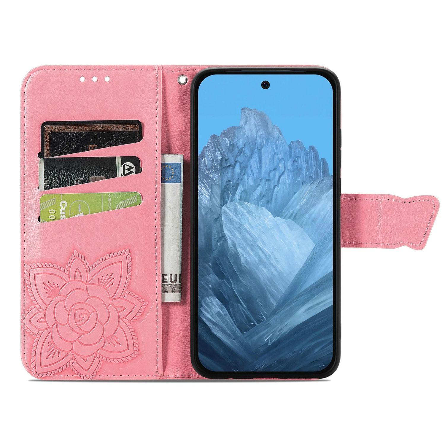 Rosa Handyhülle mit Geldbörse, Blumendesign und Kartenfächern; ein Telefon ist innen.