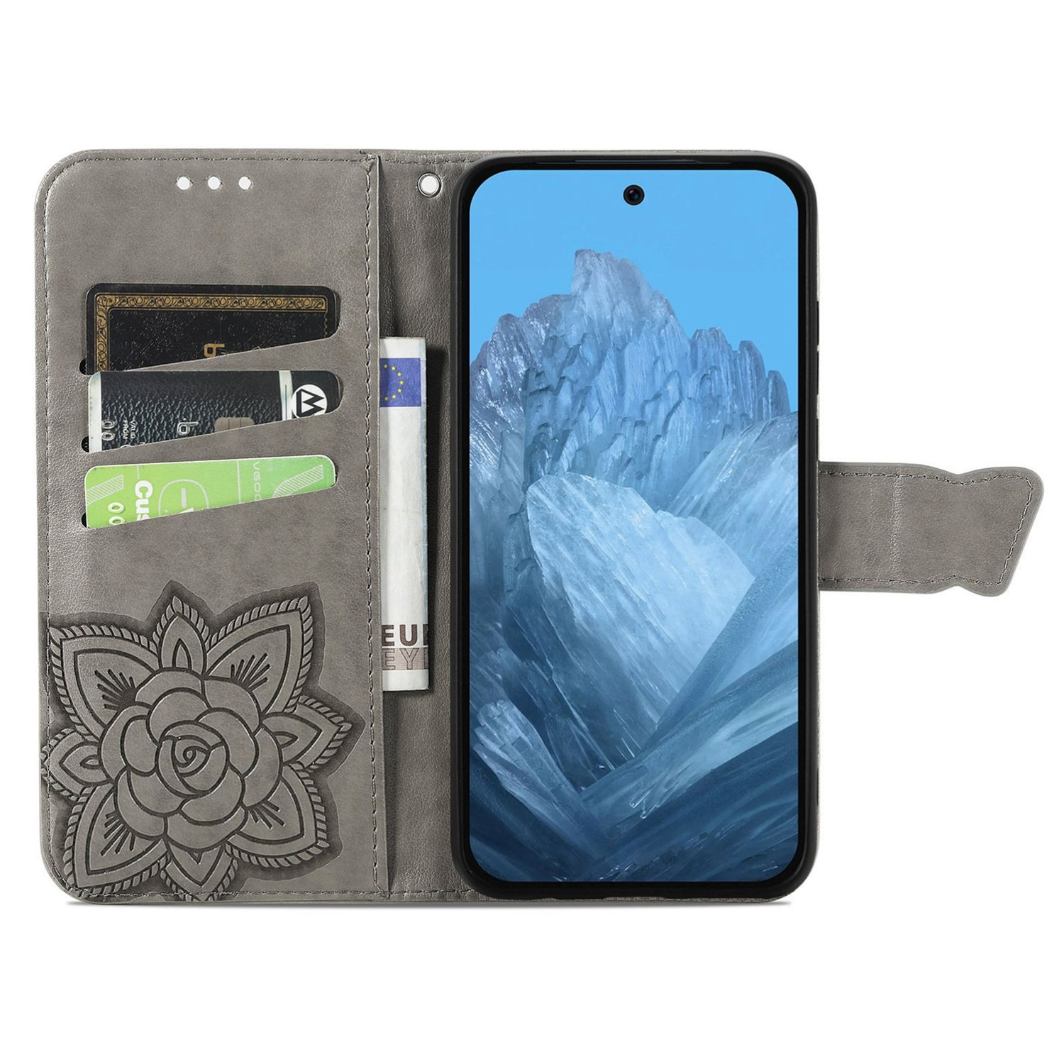 Geöffnete graue Handyhülle mit Telefon. Enthält Blumendesign und Kartenfächer.