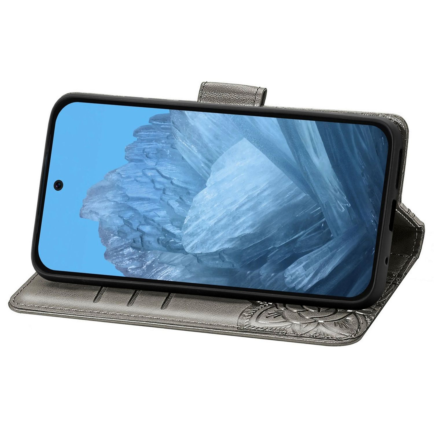 Ein Telefon in einer Lederhülle. Der Bildschirm zeigt ein stilisiertes blau-weißes Design.