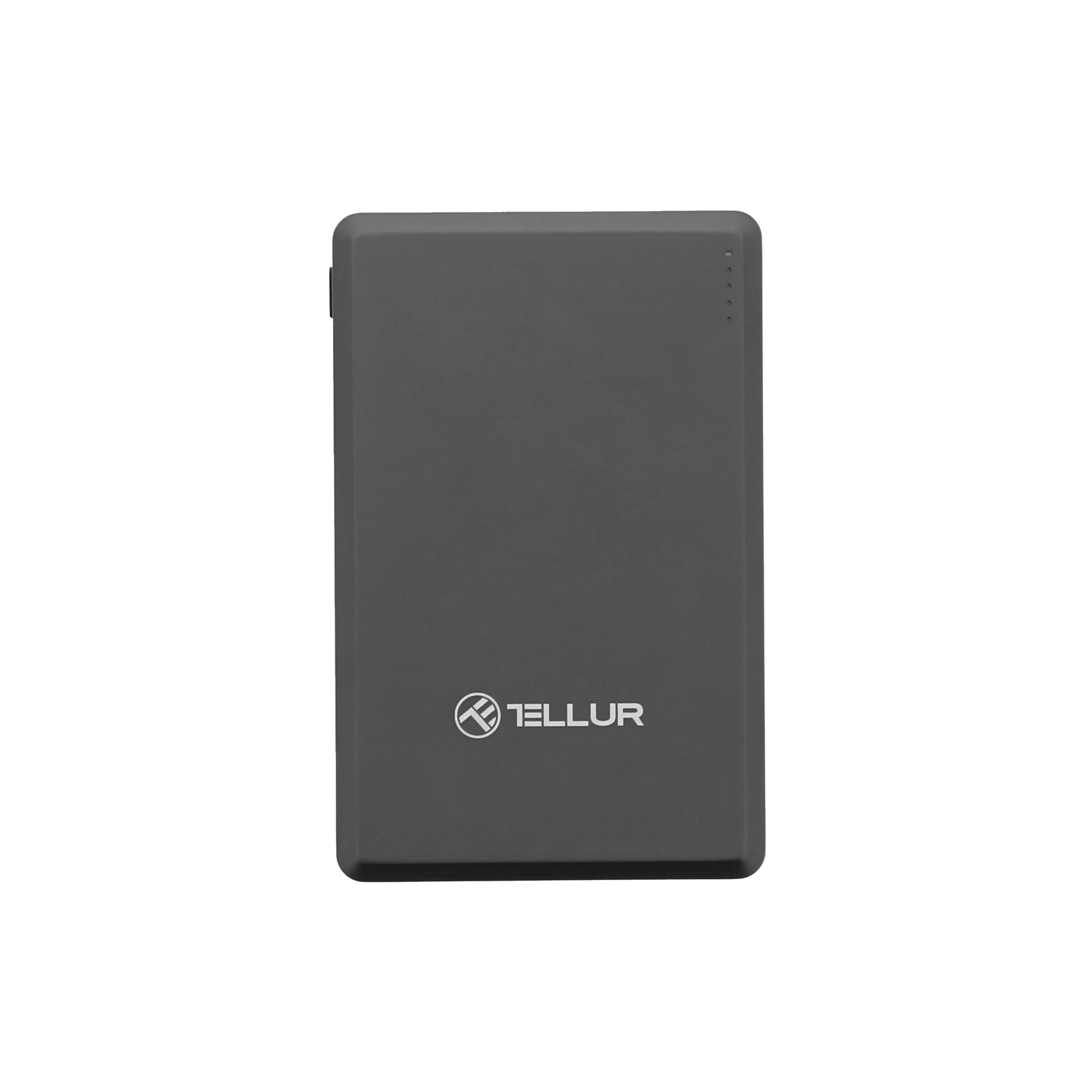 Szary prostokątny power bank z logo 'TELLUR' na białym tle.