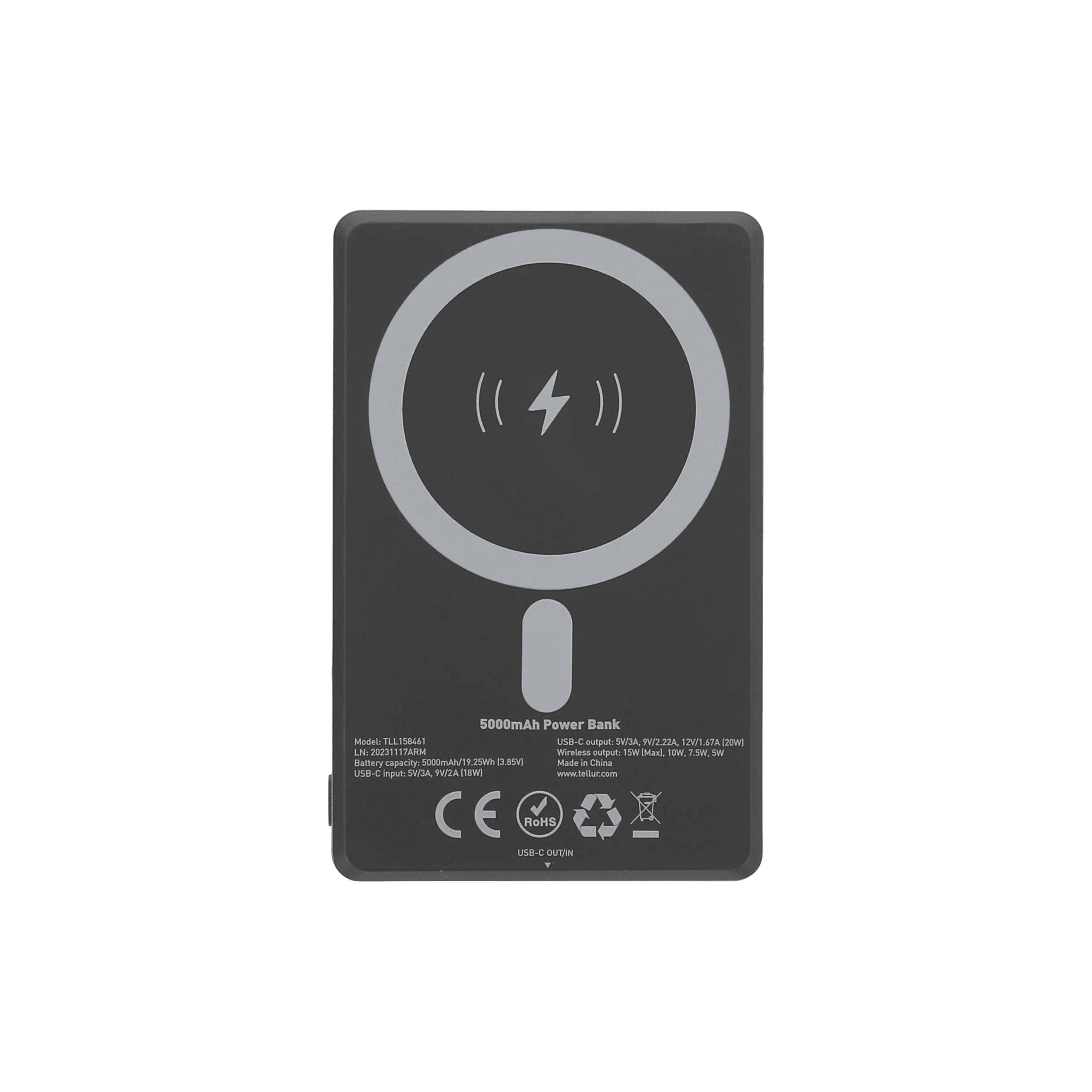 Czarny power bank z symbolem ładowania bezprzewodowego i portem USB-C, wraz z innymi szczegółami.