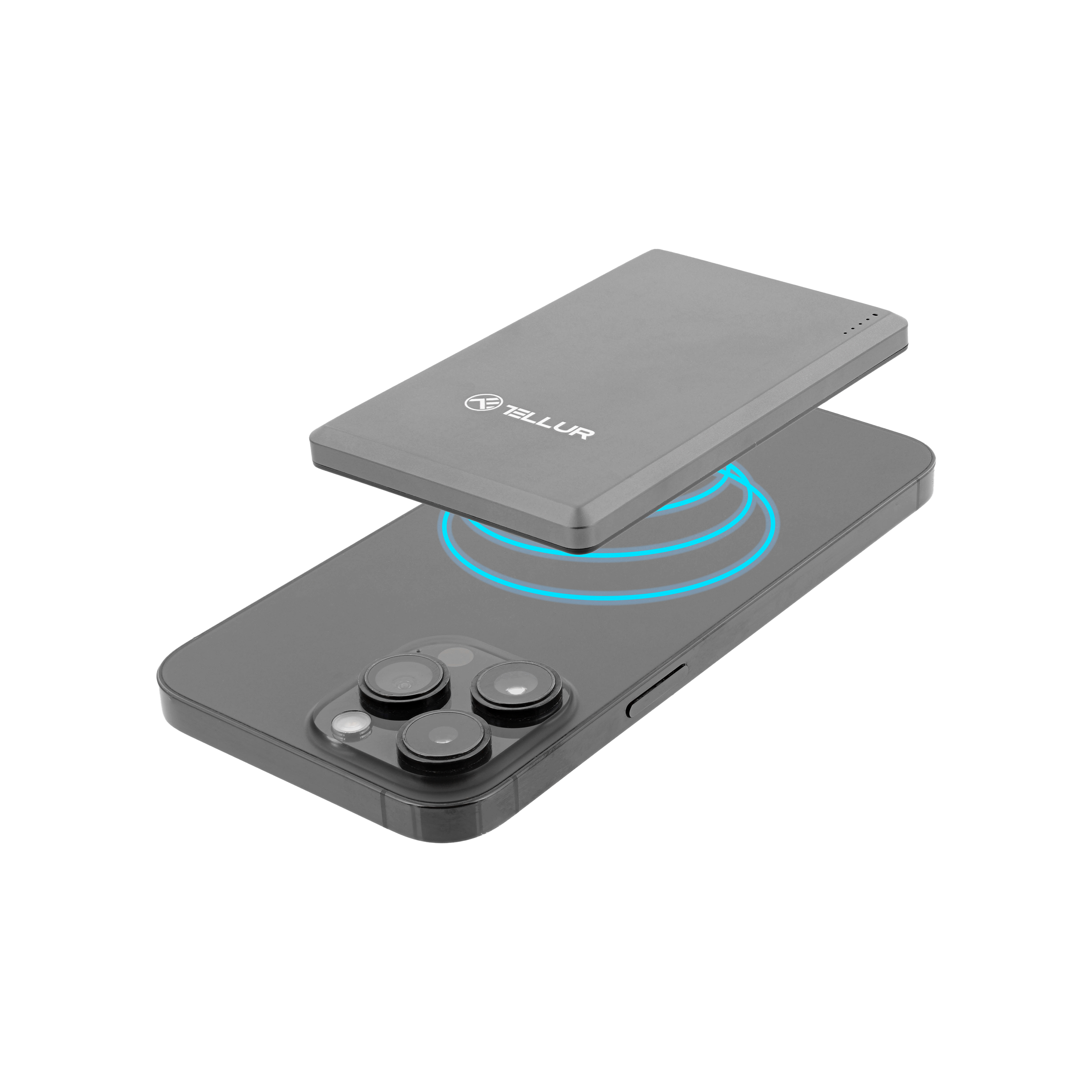 Ładowarka bezprzewodowa na czarnym telefonie, z logo.