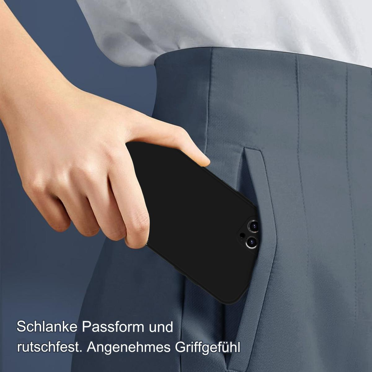 Eine Hand hält ein schwarzes Telefon in einer Tasche mit der Handyhülle.