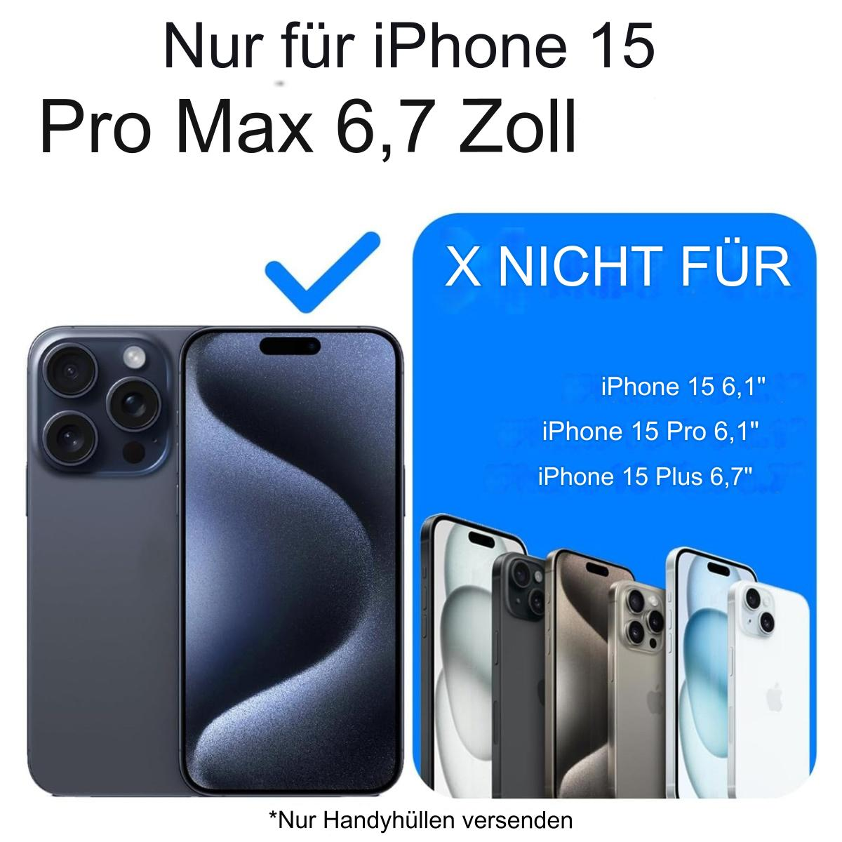 Bild mit iPhone 15 Pro Max und anderen Modellen. Text sagt 'Nur für iPhone 15 Pro Max 6,7 Zoll'.