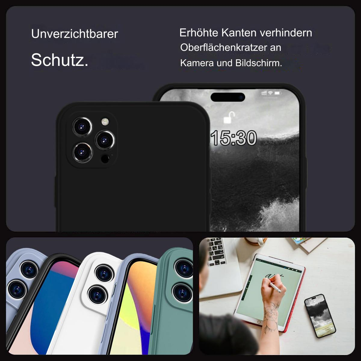 Schwarze Handyhülle auf einem Telefon, mit Texten: Unverzichtbarer Schutz. Erhöhte Kanten verhindern Kratzer.