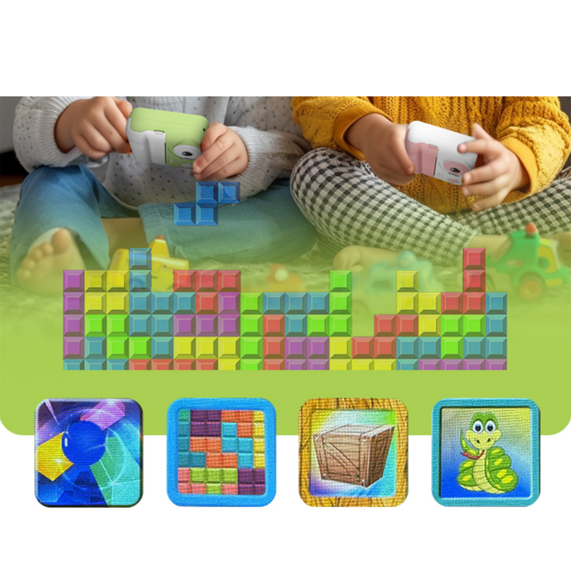 Zwei Kinder spielen mit Spielzeugkameras und Blöcken. Grüner Hintergrund, bunte Blöcke.