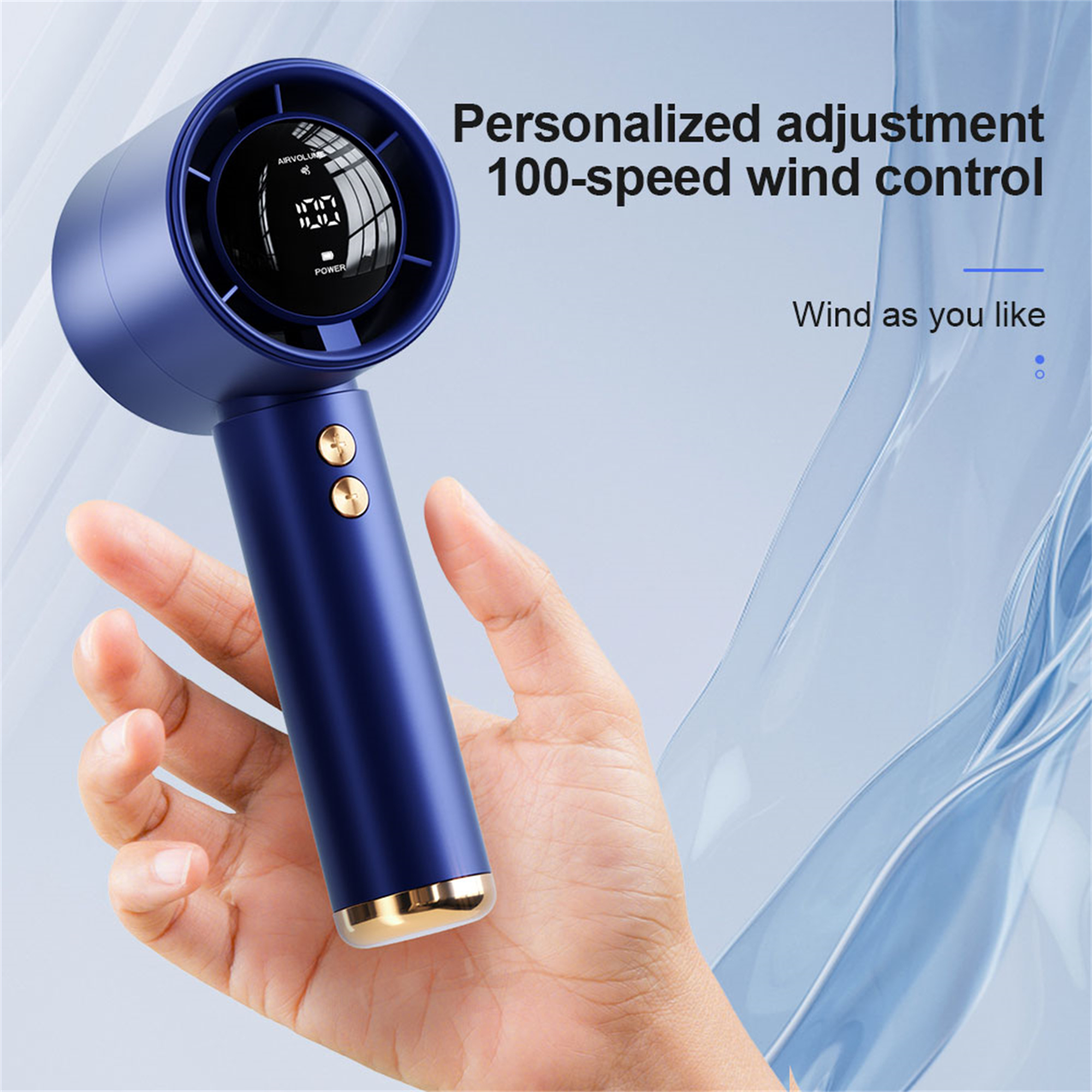 Blauer Handventilator mit digitaler Anzeige, die Geschwindigkeitseinstellungen zeigt.