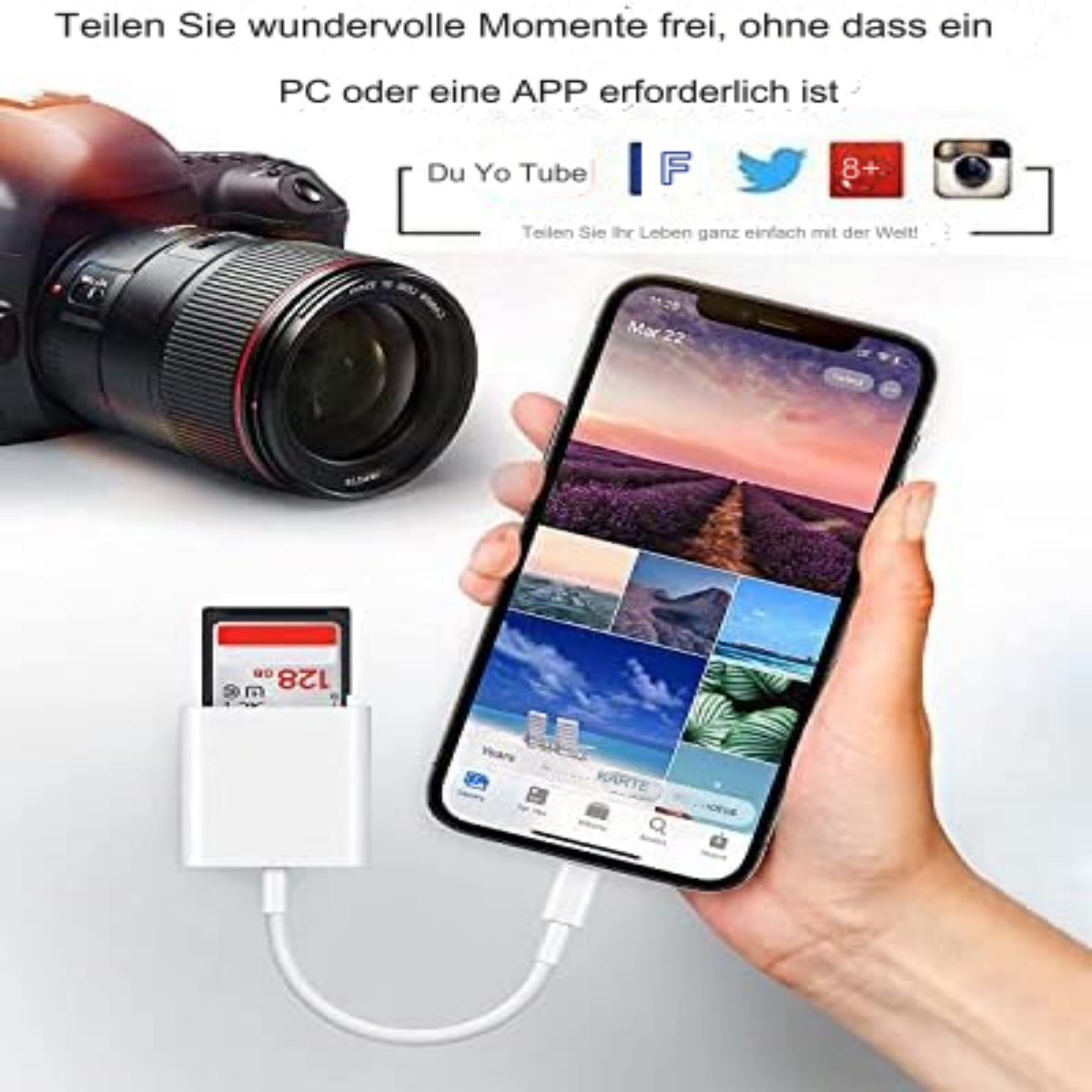 Ein Telefon zeigt Bilder an. Eine Kamera und ein SD-Kartenadapter befinden sich daneben. Social-Media-Symbole sind oben.