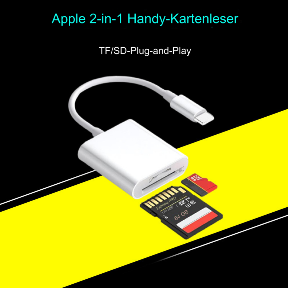 Ein weißer Kartenleser mit Kabel und zwei Speicherkarten. Es befindet sich auf gelbem und schwarzem Hintergrund.