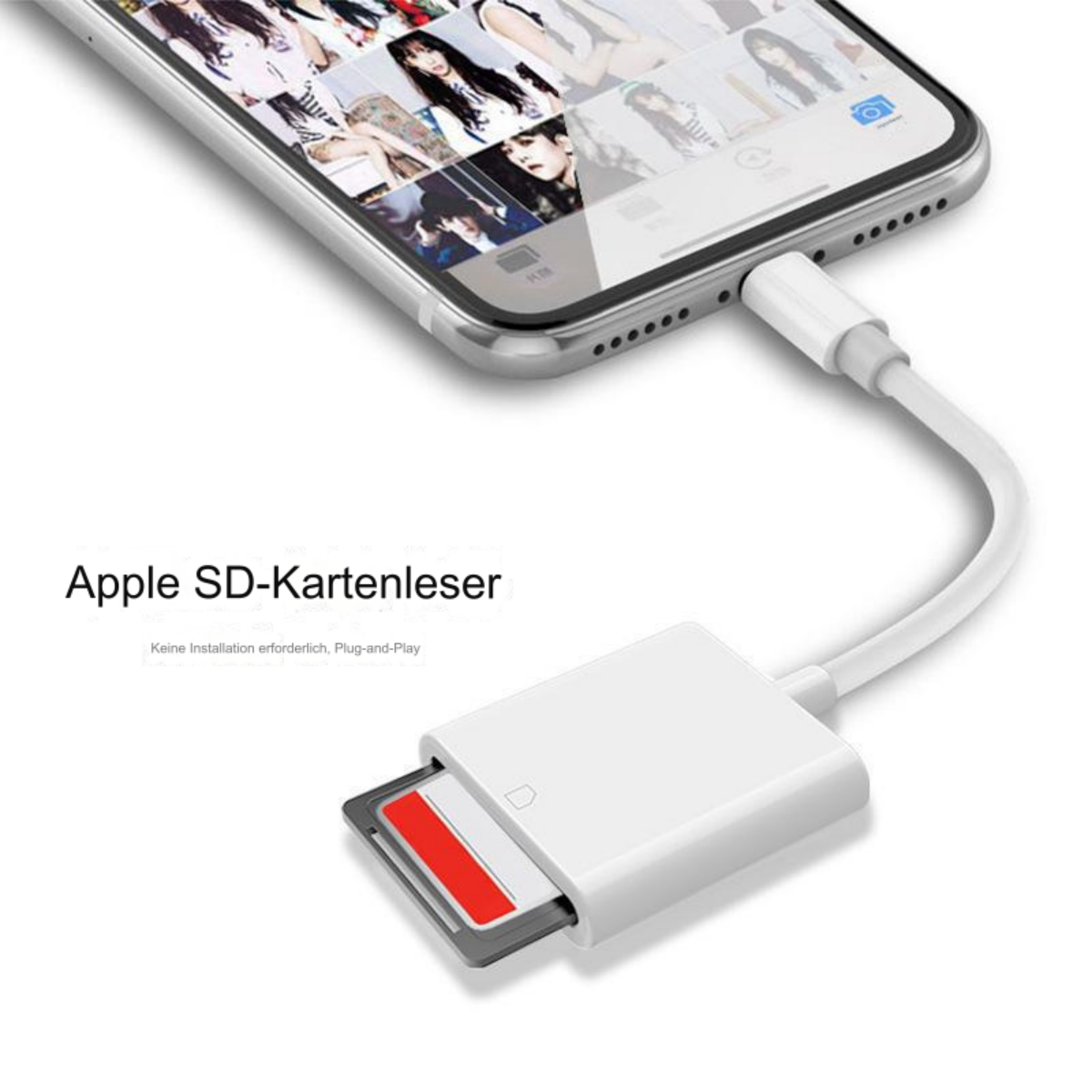 Ein weißes Kartenlesegerät mit eingelegter SD-Karte, neben einem Telefon.
