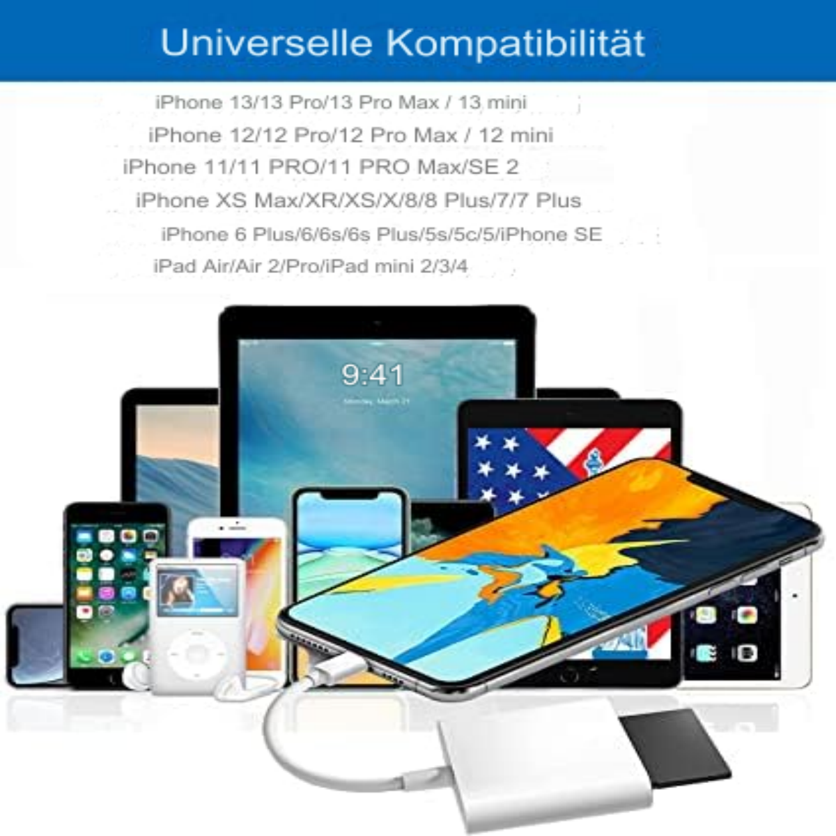 Verschiedene Telefone und Tablets, die mit einem weißen Adapter verbunden sind. Text listet Kompatibilität.