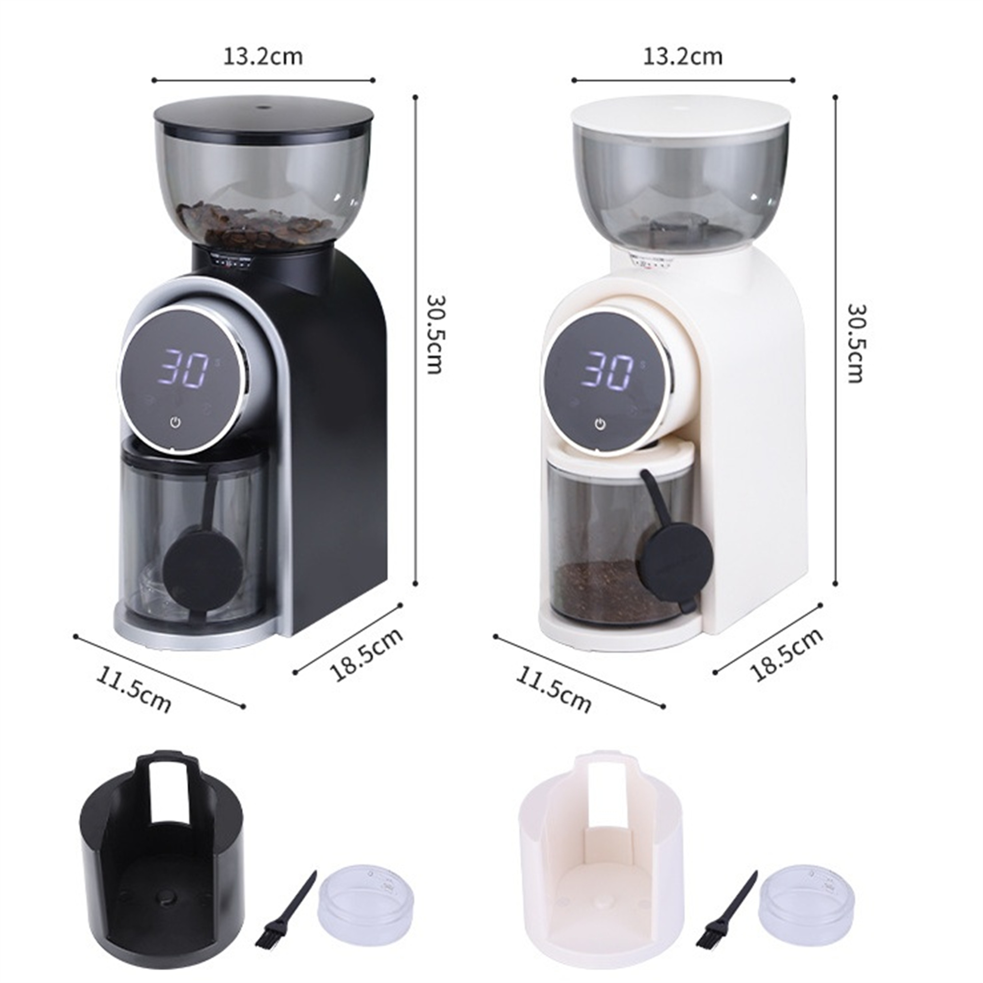 Zwei Kaffeemühlen, schwarz und weiß, mit Maßangaben. Zubehör ist enthalten.