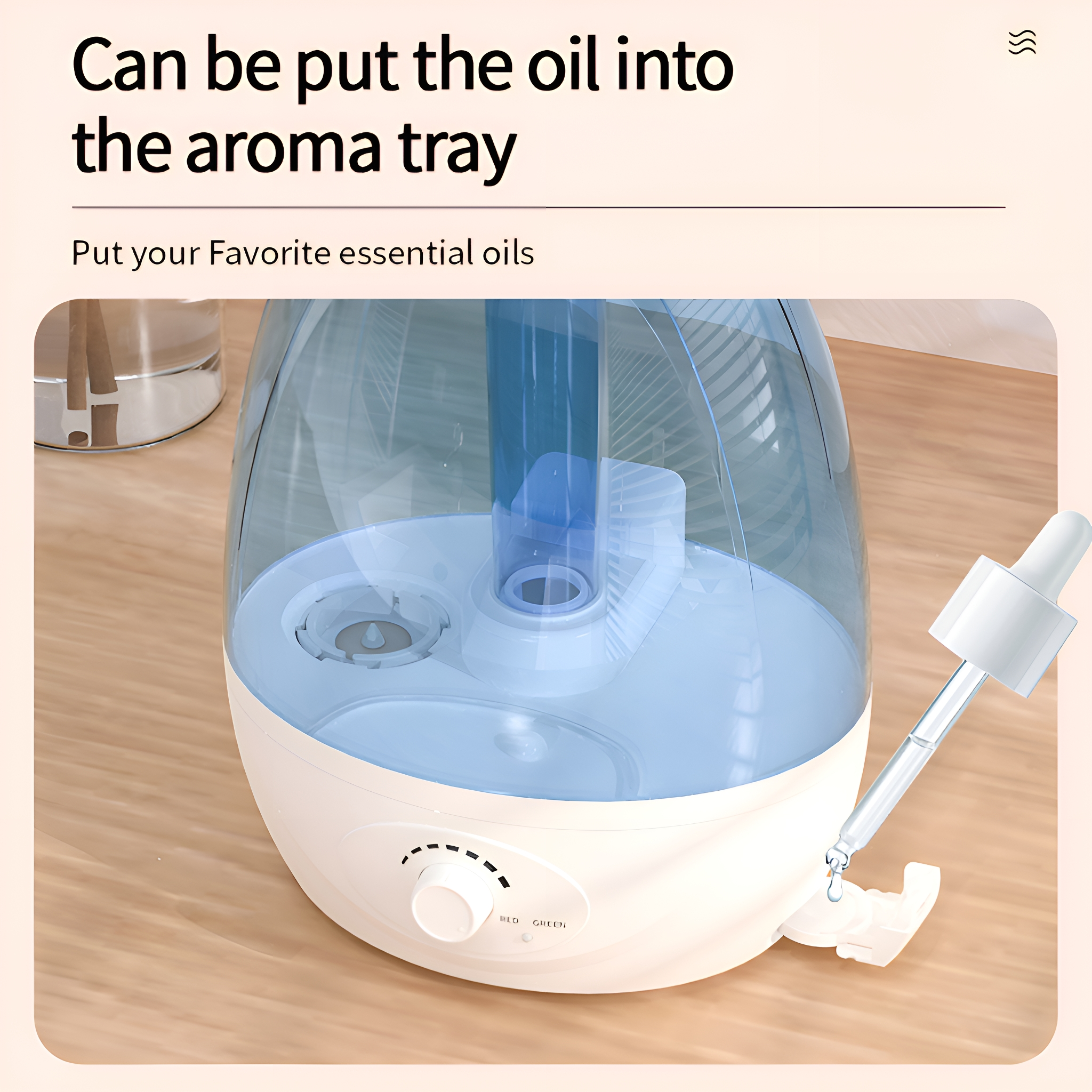 Luftbefeuchter mit transparentem Wasserbehälter und Tropfer, auf rosa Oberfläche.