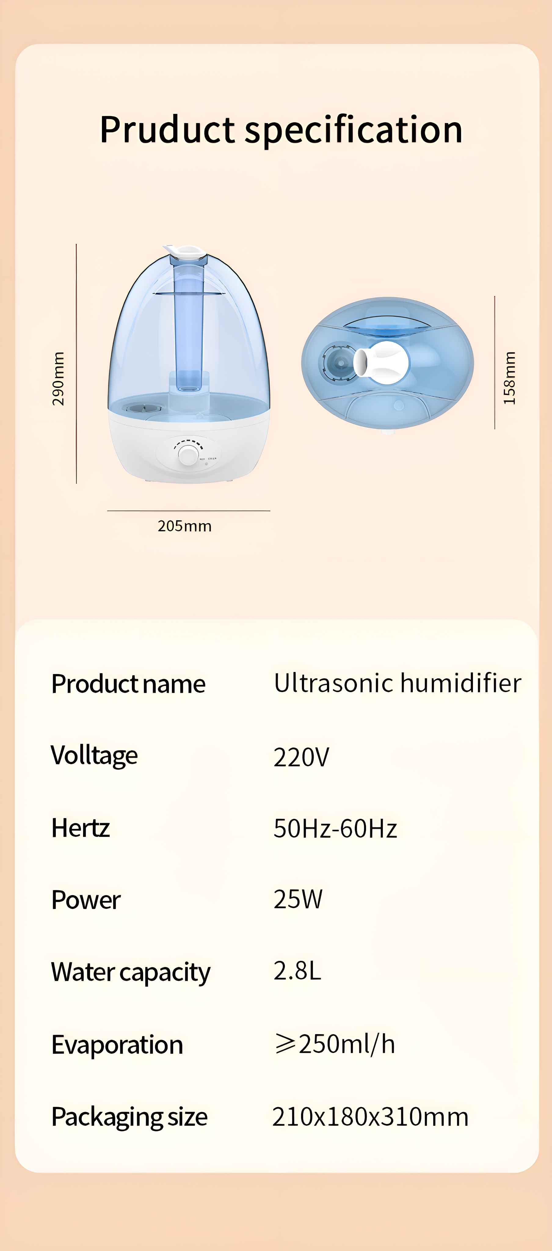 Diagramm eines Ultraschall-Luftbefeuchters mit Abmessungen und Spezifikationstabelle auf hellem Hintergrund.
