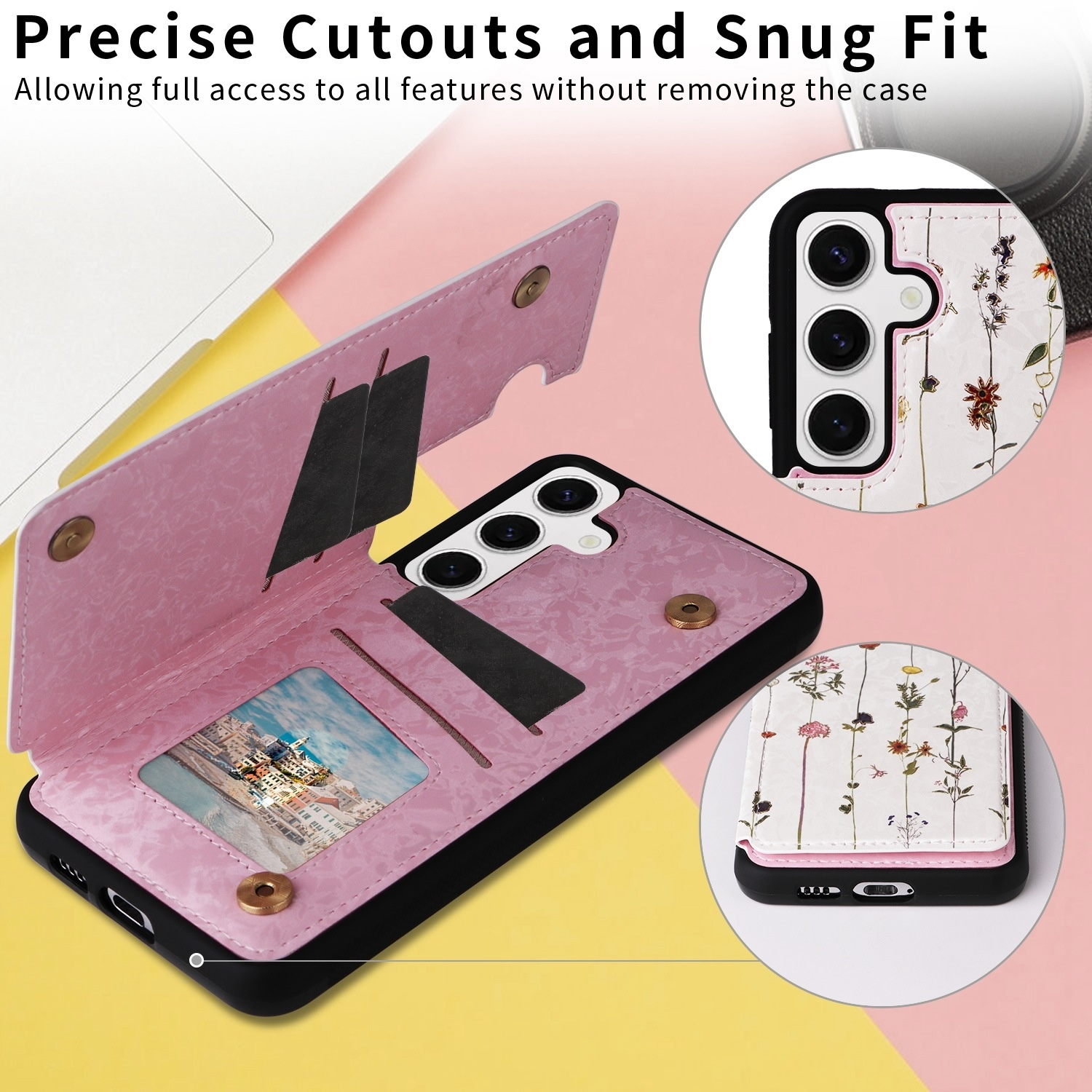 Funda rosa para teléfono con diseño floral, abierta para mostrar el teléfono y las ranuras para tarjetas. El fondo es amarillo y rosa.