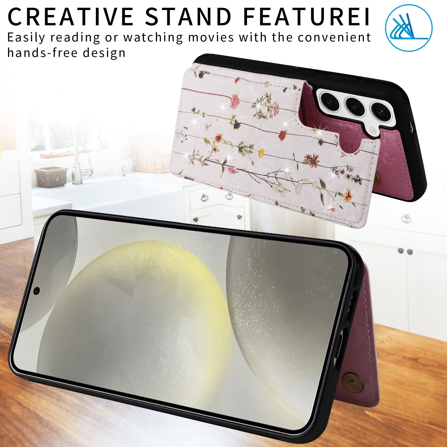 Una funda de teléfono con un diseño floral; un teléfono descansa dentro, mostrando un fondo borroso.