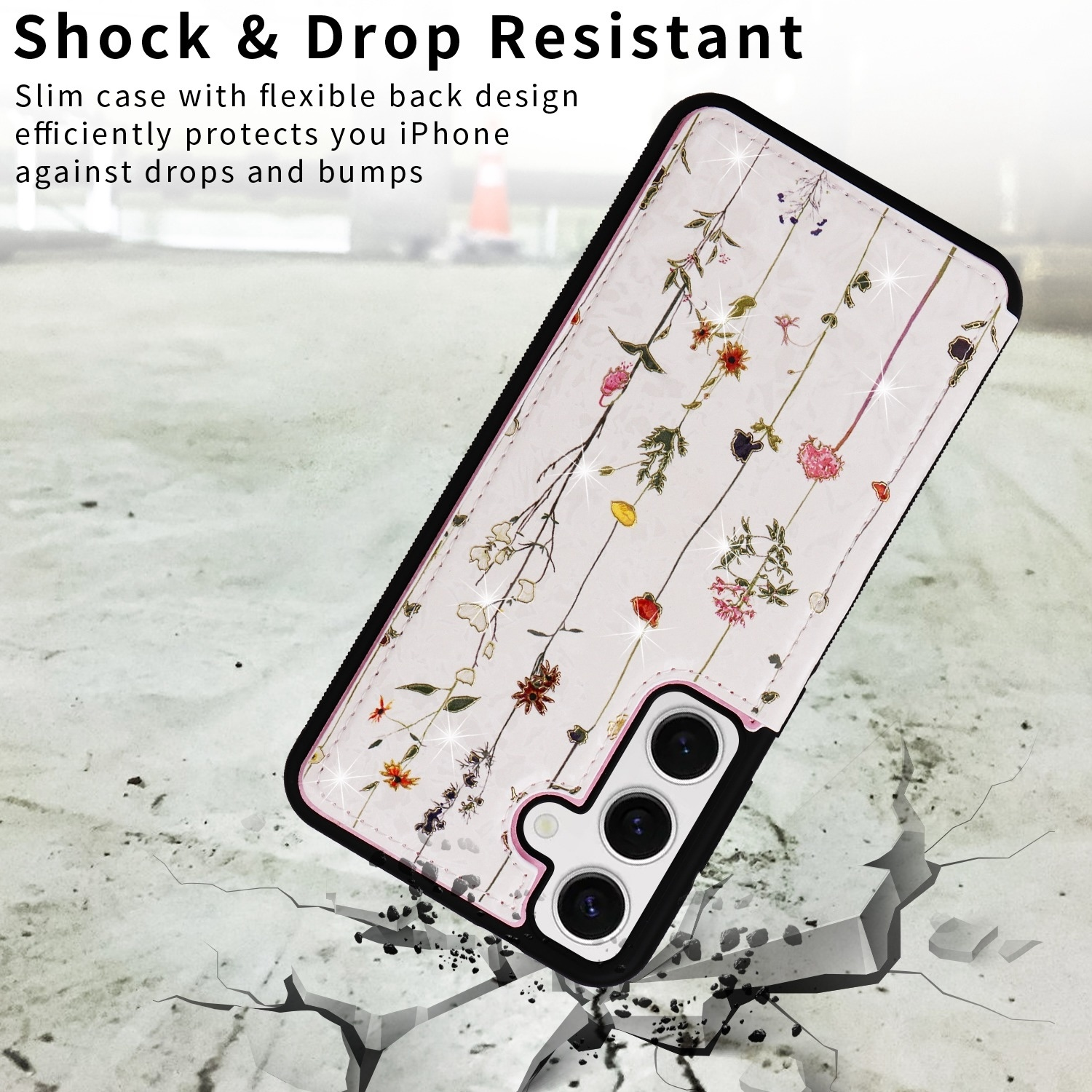 Una funda de teléfono con diseño floral, suelo agrietado.
