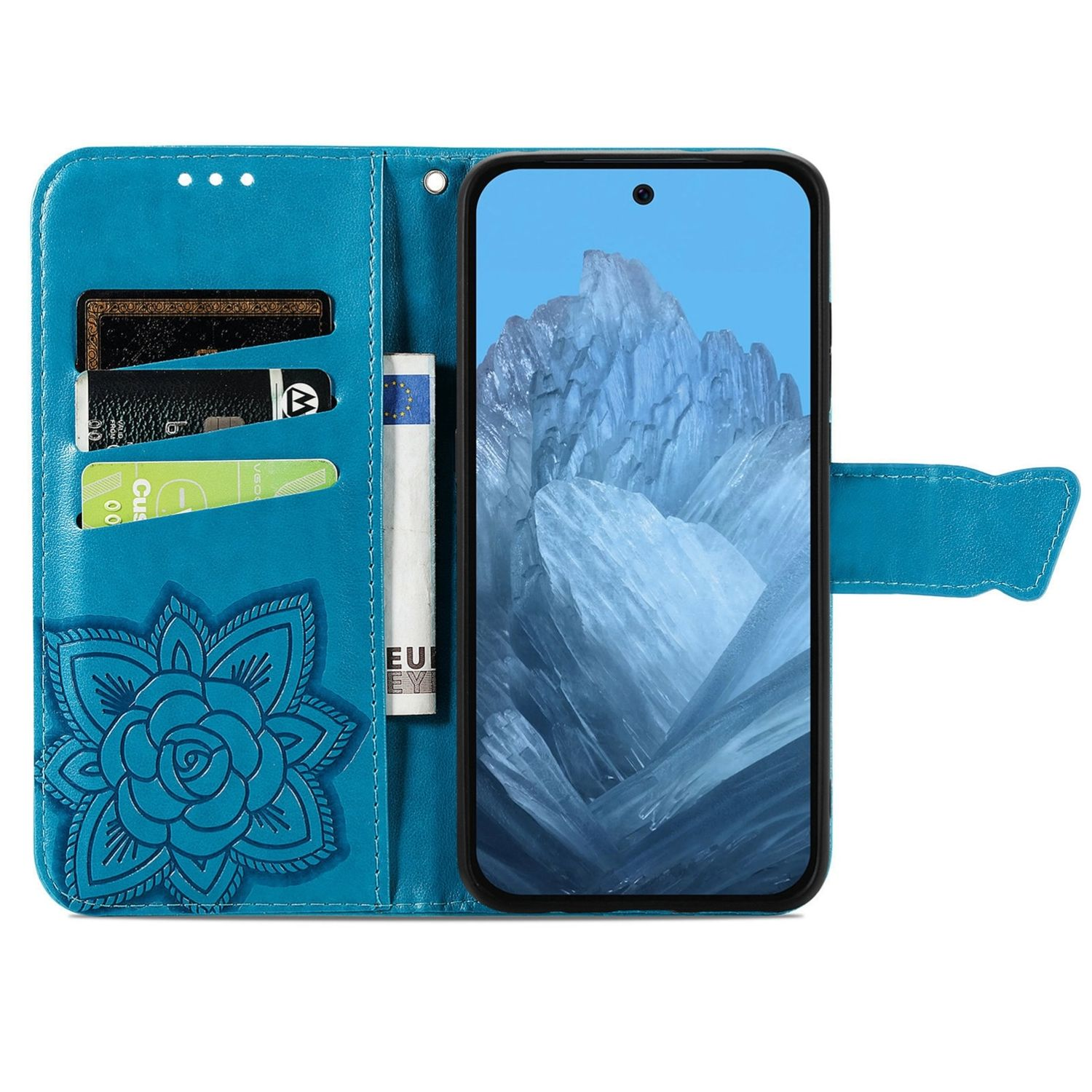 Offene türkisfarbene Handyhülle mit Karten, Geld und einem Handy mit blauem Kristallbild.