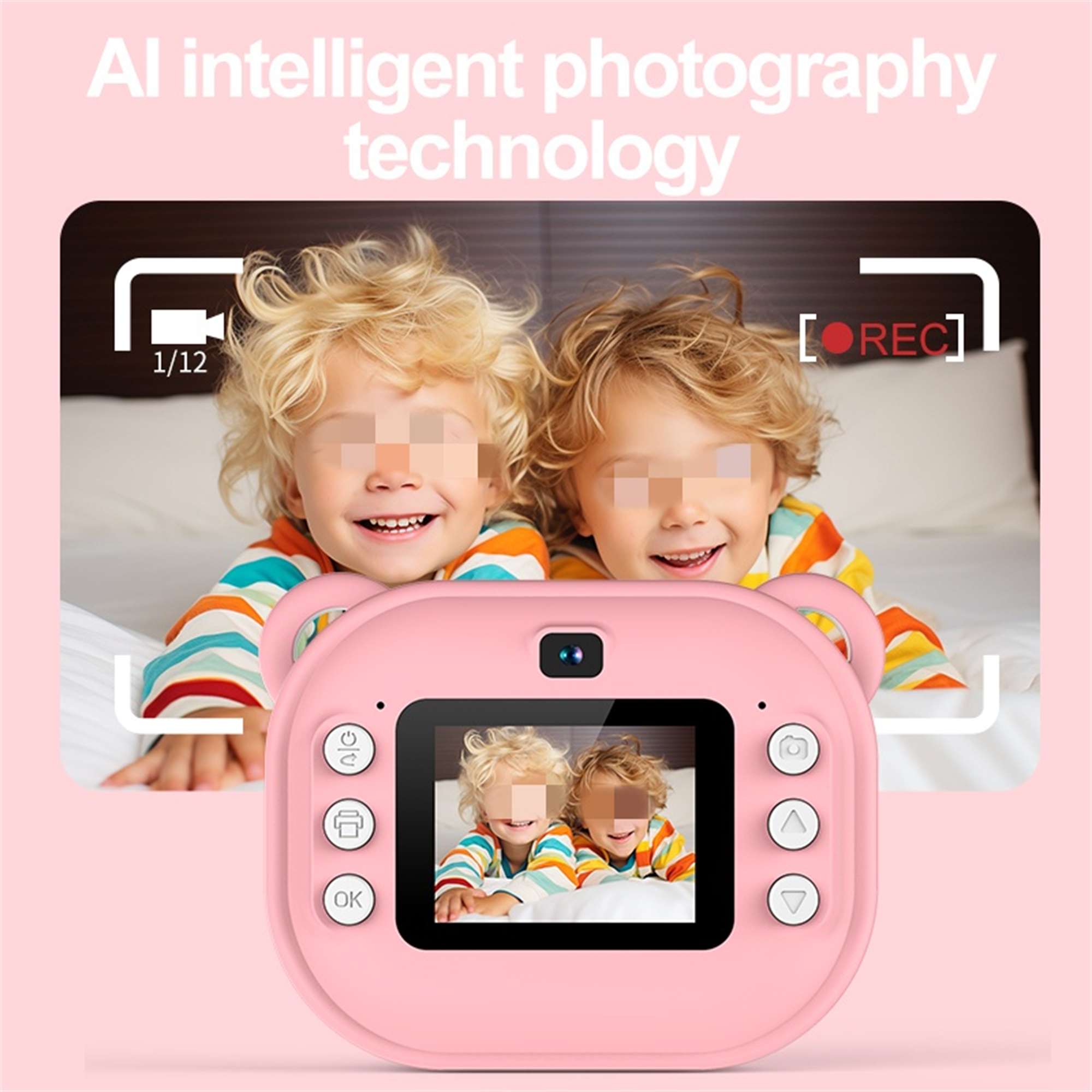 Eine pinke Kamera mit zwei verschwommenen Kindergesichtern auf dem Bildschirm. Text sagt 'AI intelligente Fotografie'.