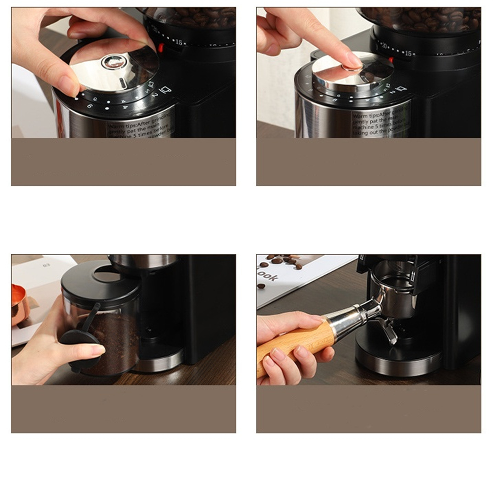 Kaffeemaschinenteile. Vier Bilder zeigen den Prozess der Kaffeezubereitung mit Maschinenteilen.
