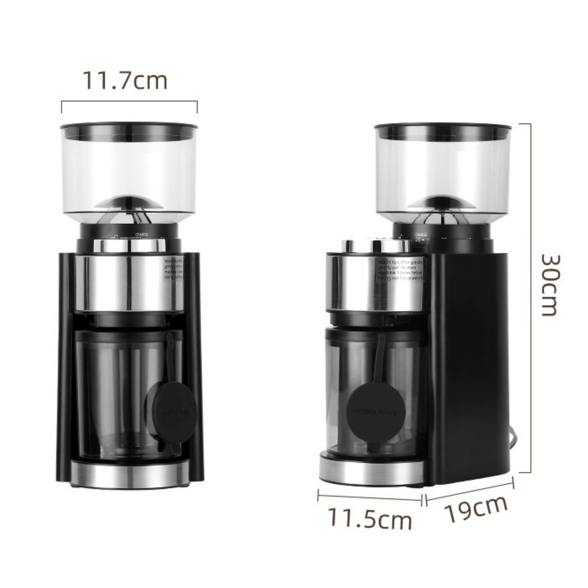Zwei schwarze Kaffeemühlen mit Maßen: 11,7 cm, 30 cm, 19 cm und 11,5 cm.