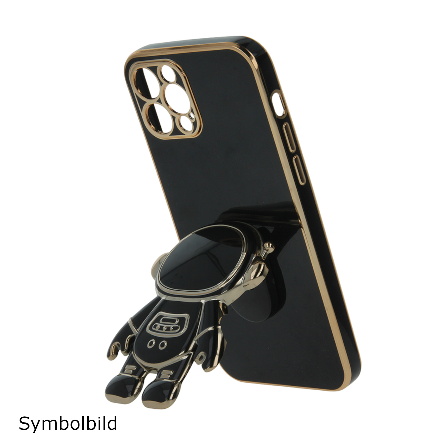 Schwarze Handyhülle mit goldenem Rand und silbernem Astronauten-Telefonhalter.