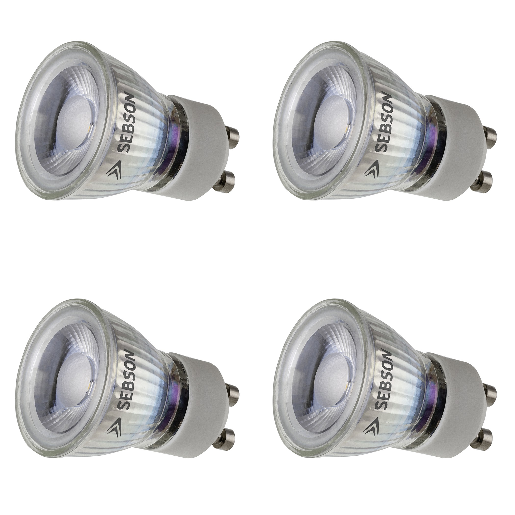 Vier Halogenlampen mit dem Markennamen 'SEBSON'. Sie haben eine silberne Oberfläche.