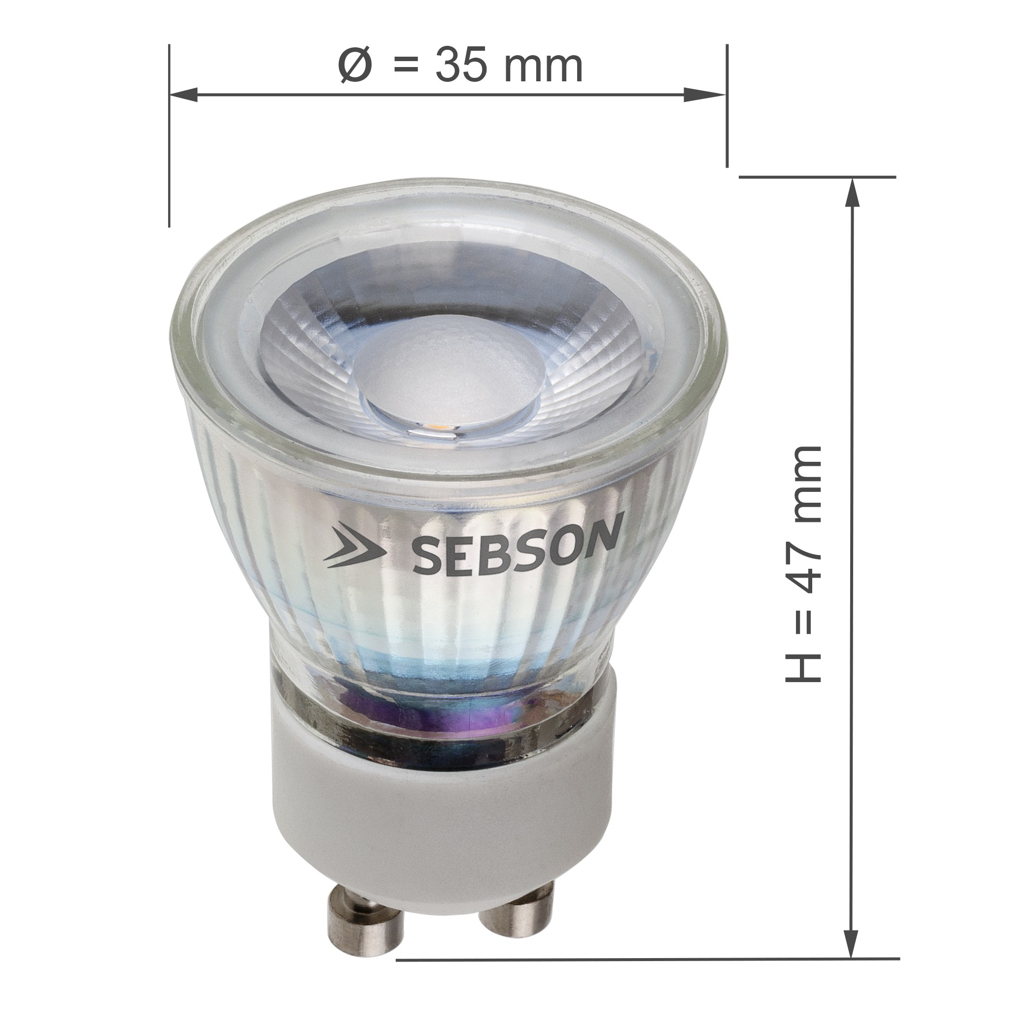 Halogen-Glühbirne mit Abmessungen: Durchmesser 35 mm, Höhe 47 mm. Hat einen weißen Sockel.