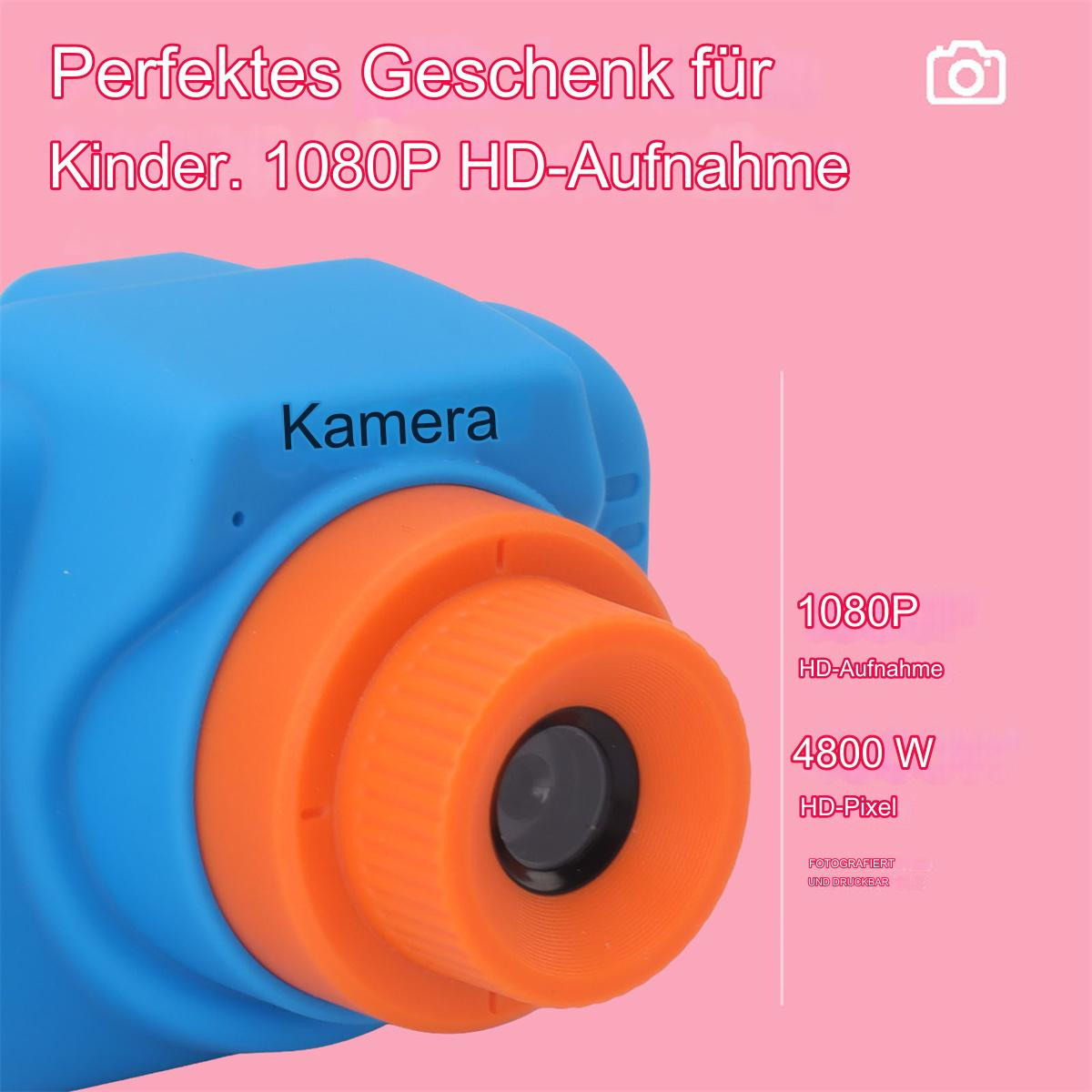 Blaue und orange Kamera. Text oben. Oranges Objektiv und schwarzes Objektiv.