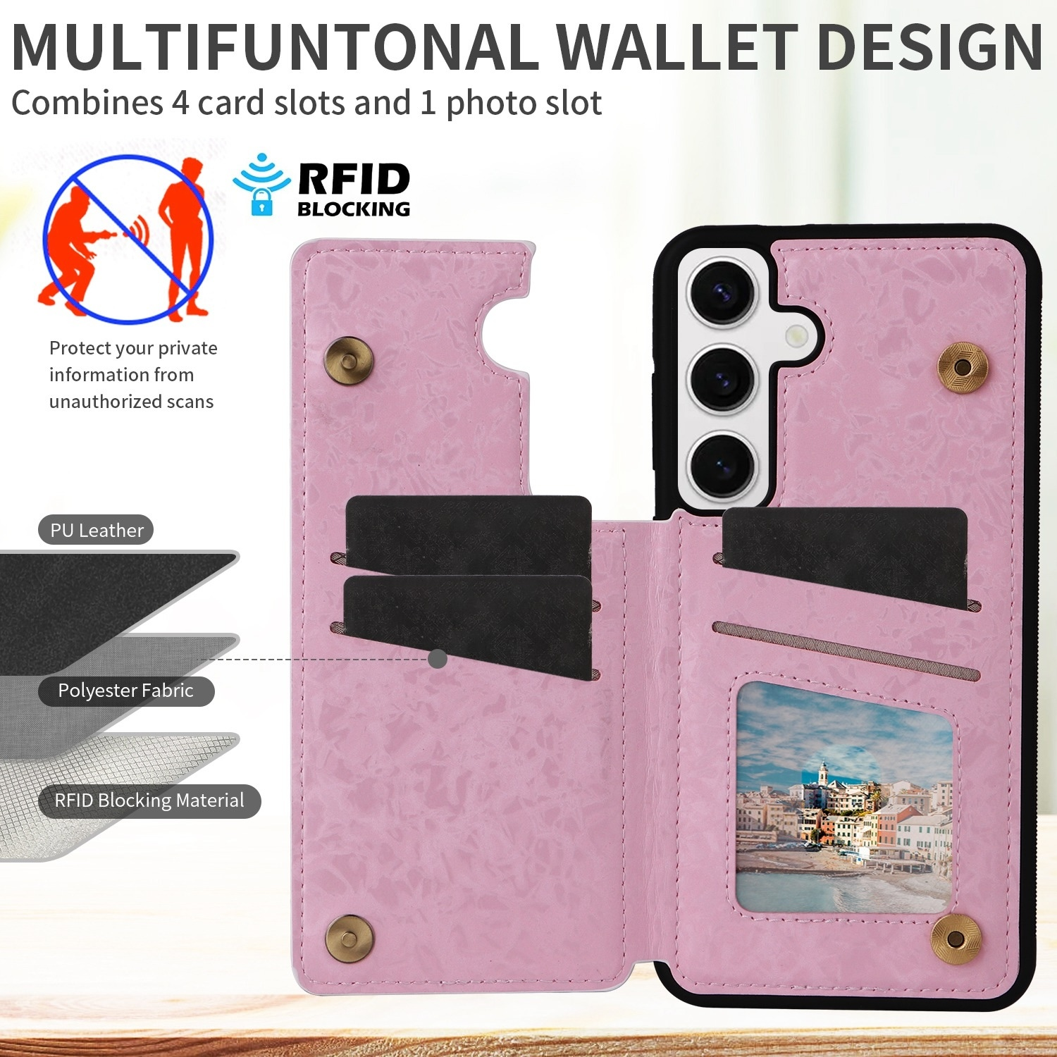 Cartera rosa para teléfono que muestra ranuras para tarjetas y una ranura para fotos. Tiene cuero PU, tejido de poliéster, bloqueo RFID.
