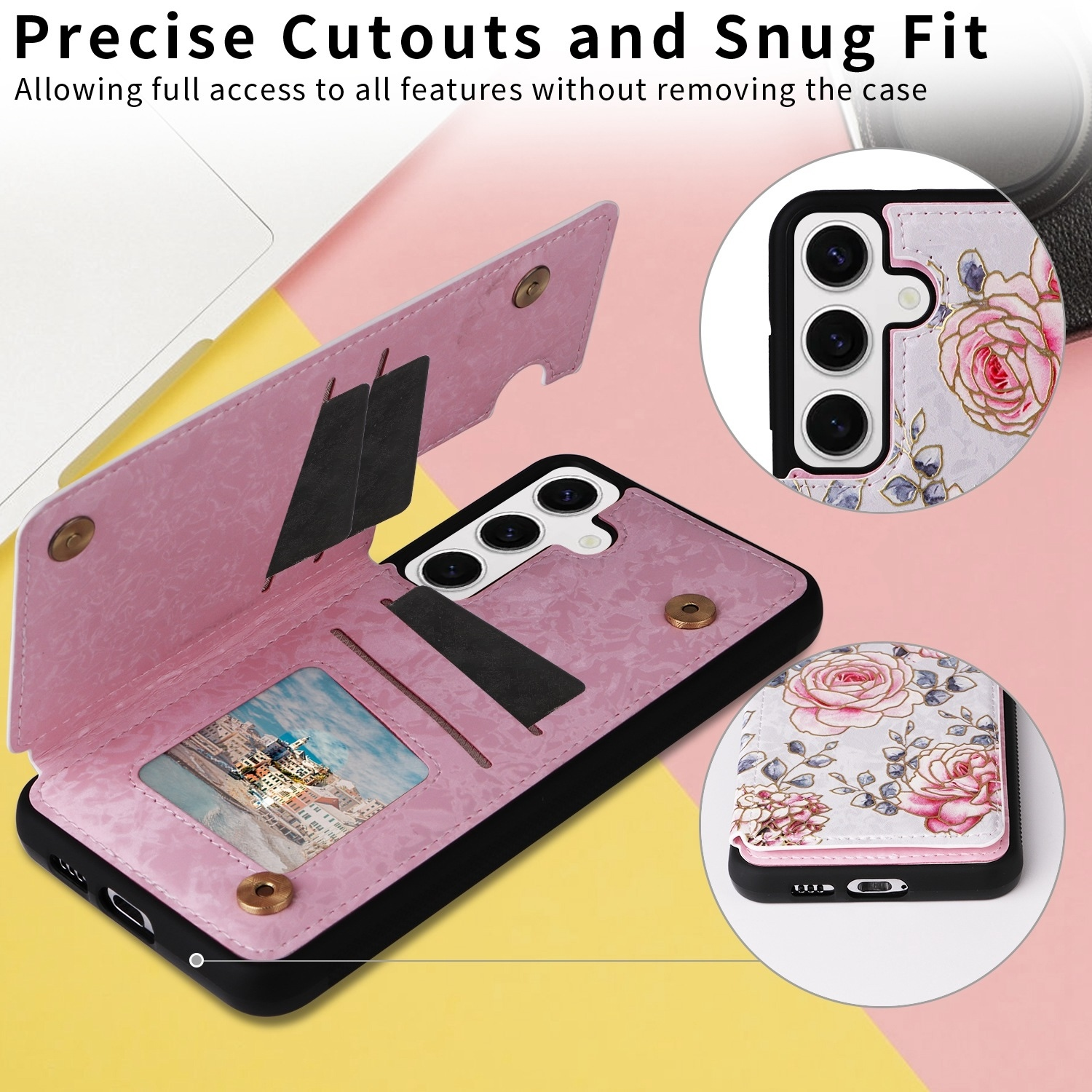 Una funda de teléfono que muestra un teléfono, tarjetas y diseño floral.