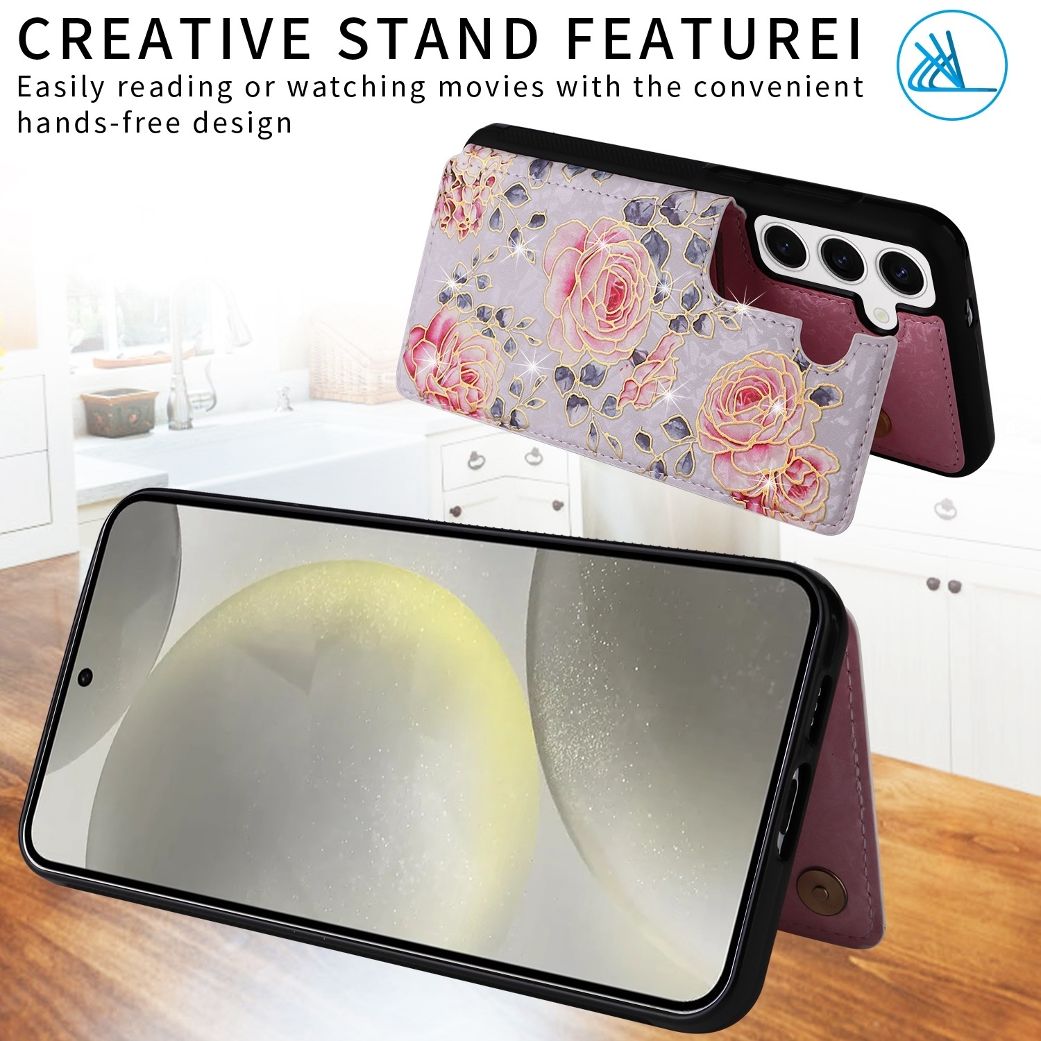 Funda de teléfono con rosas rosas. Se pliega para sostener el teléfono para una visualización manos libres.