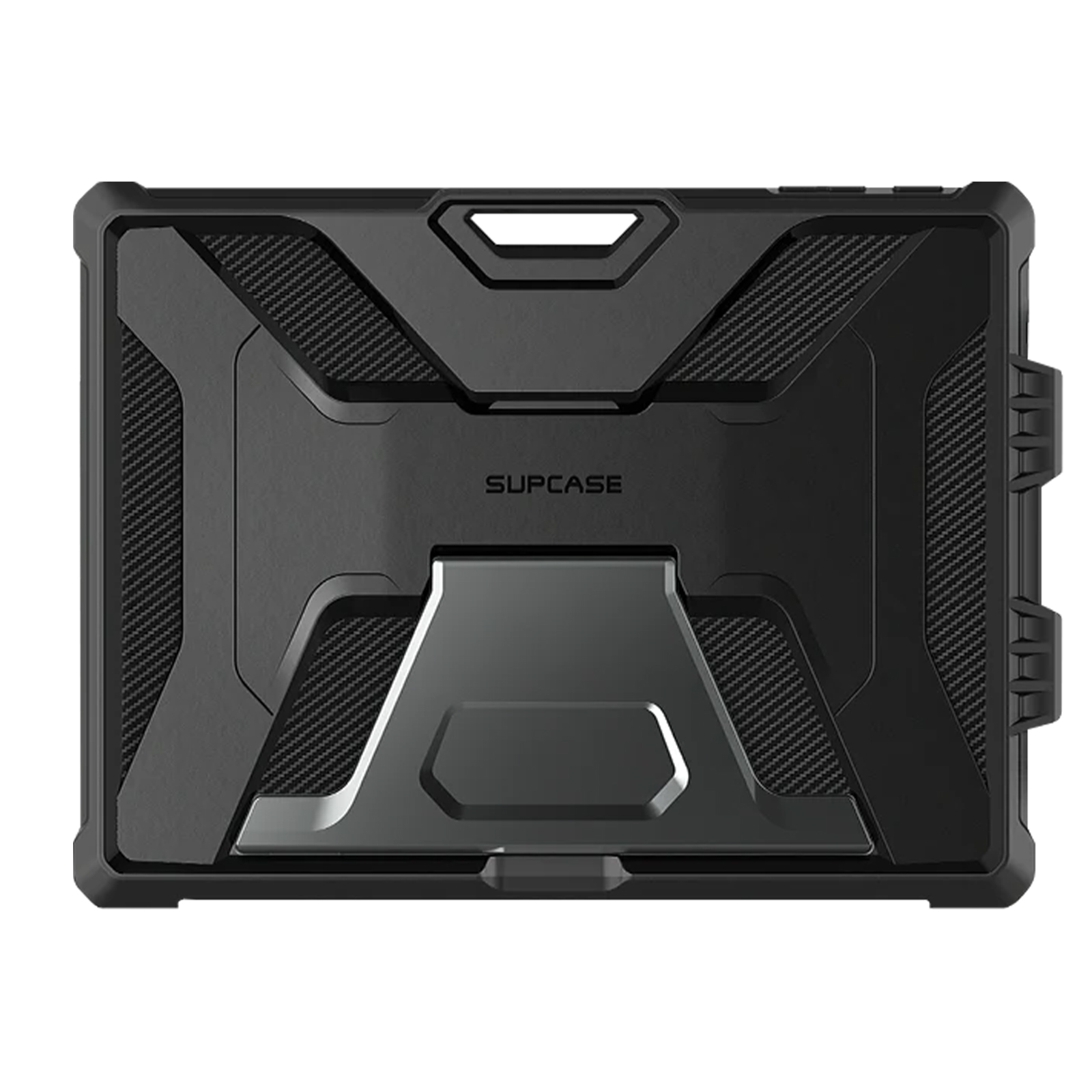 Una custodia per tablet nera con un supporto. È piatta, con un design strutturato e il marchio Supcase.