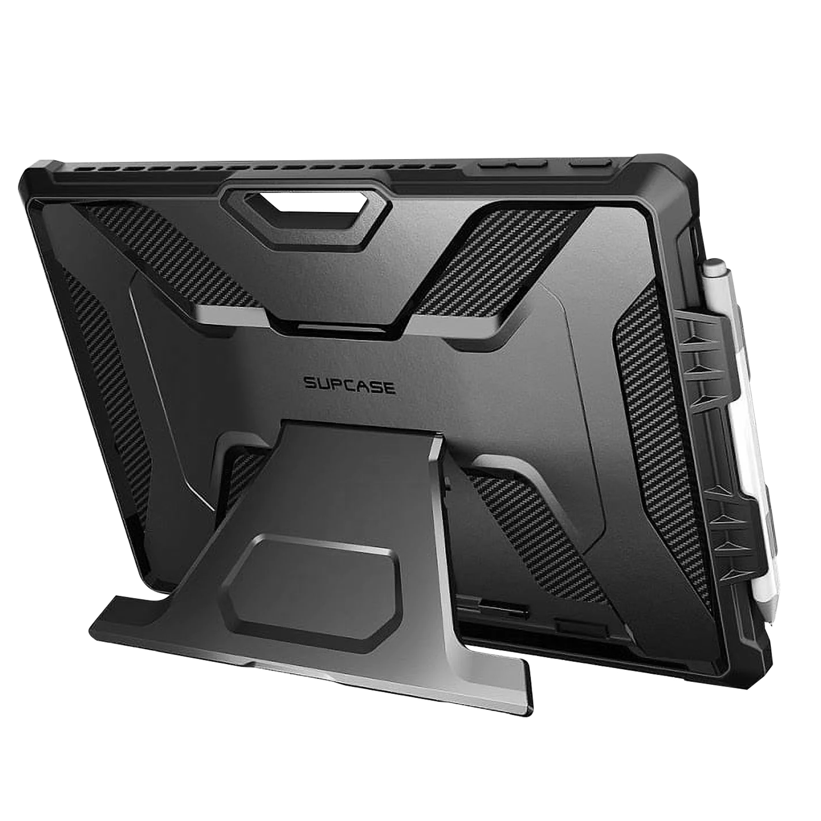 Custodia per tablet nera con supporto. Ha un design robusto con texture nere e grigie.