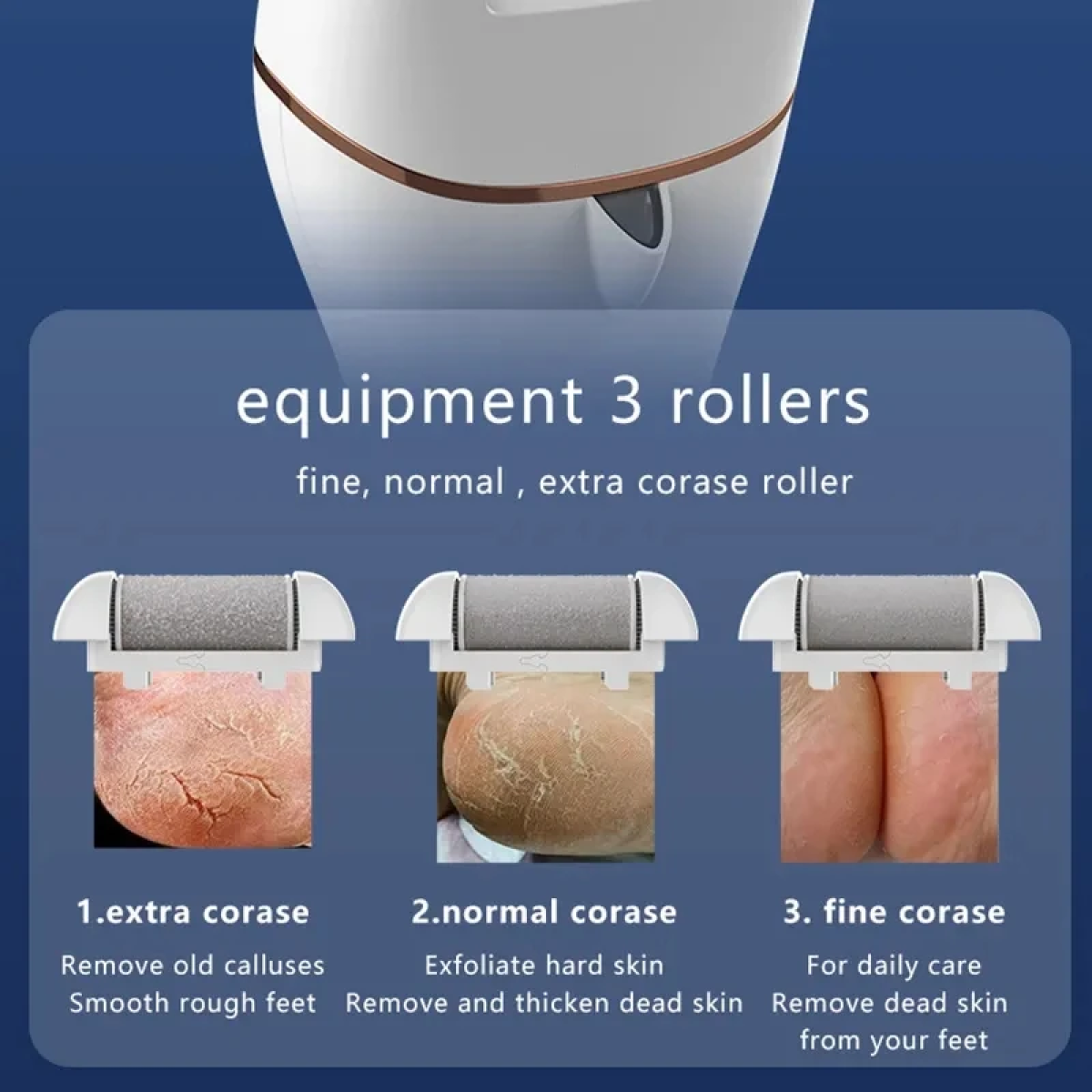 Urządzenie do pielęgnacji stóp z trzema rolkami: grubą, normalną i bardzo grubą. Zdjęcia stóp.