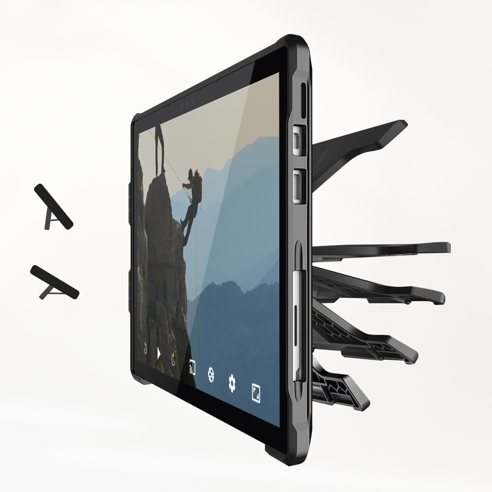 Un tablet che mostra un video di arrampicata, con custodia protettiva e supporto.