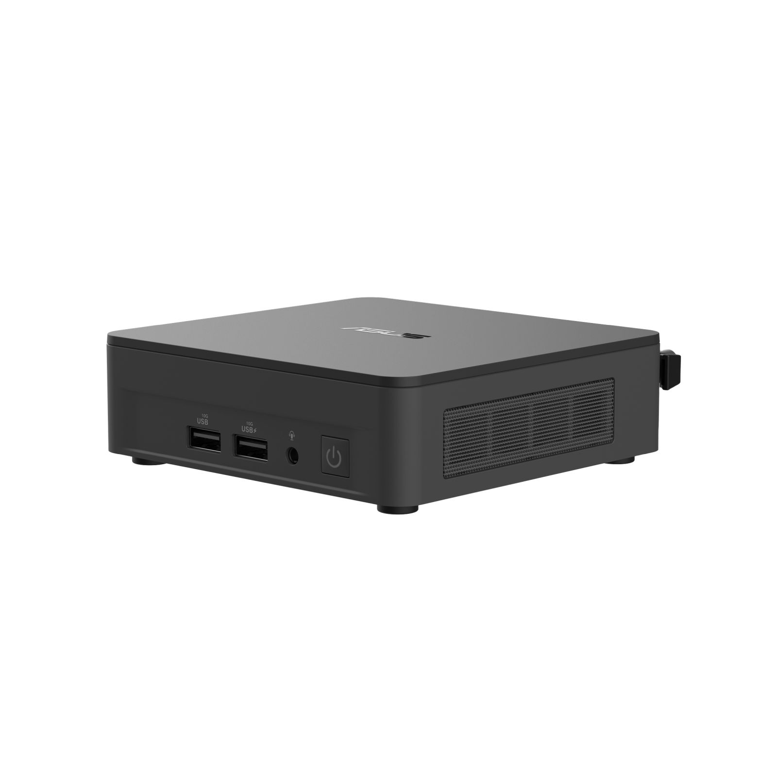 Czarny mini PC z portami USB i przyciskiem zasilania.