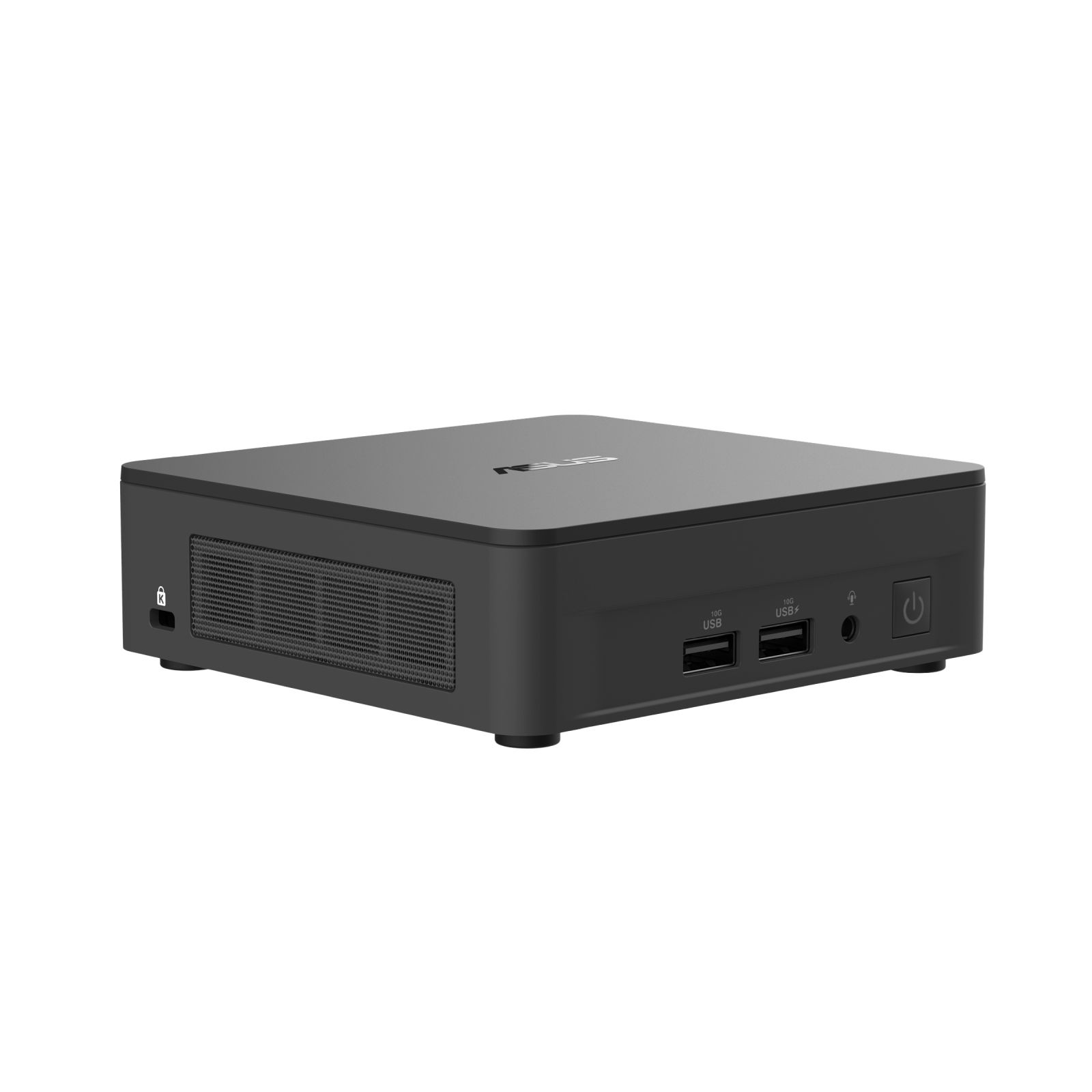 Mały czarny komputer z portami USB i przyciskiem zasilania. Białe tło.