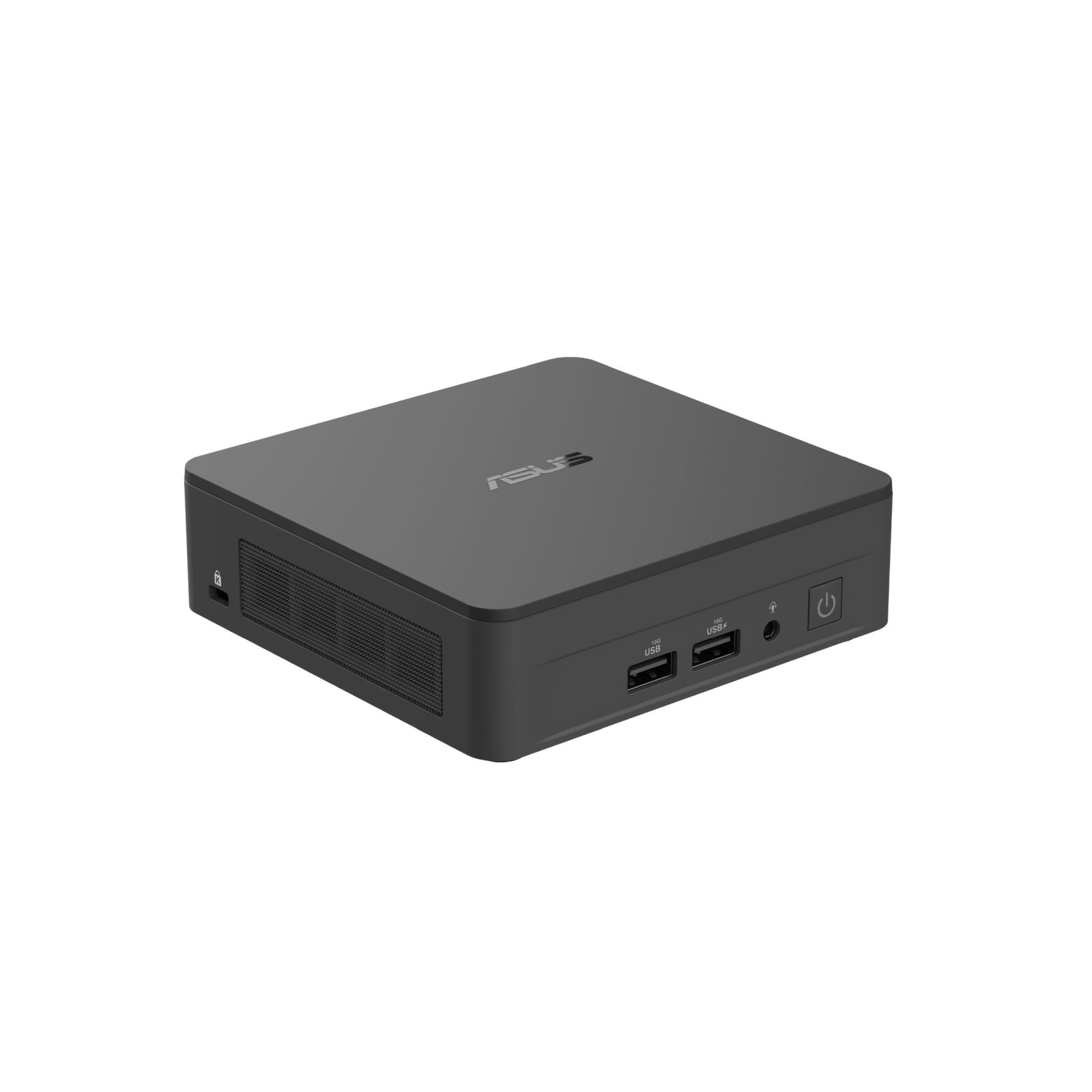 Mały, ciemnoszary mini PC ASUS z portami USB i przyciskiem zasilania. Widoczne logo ASUS.
