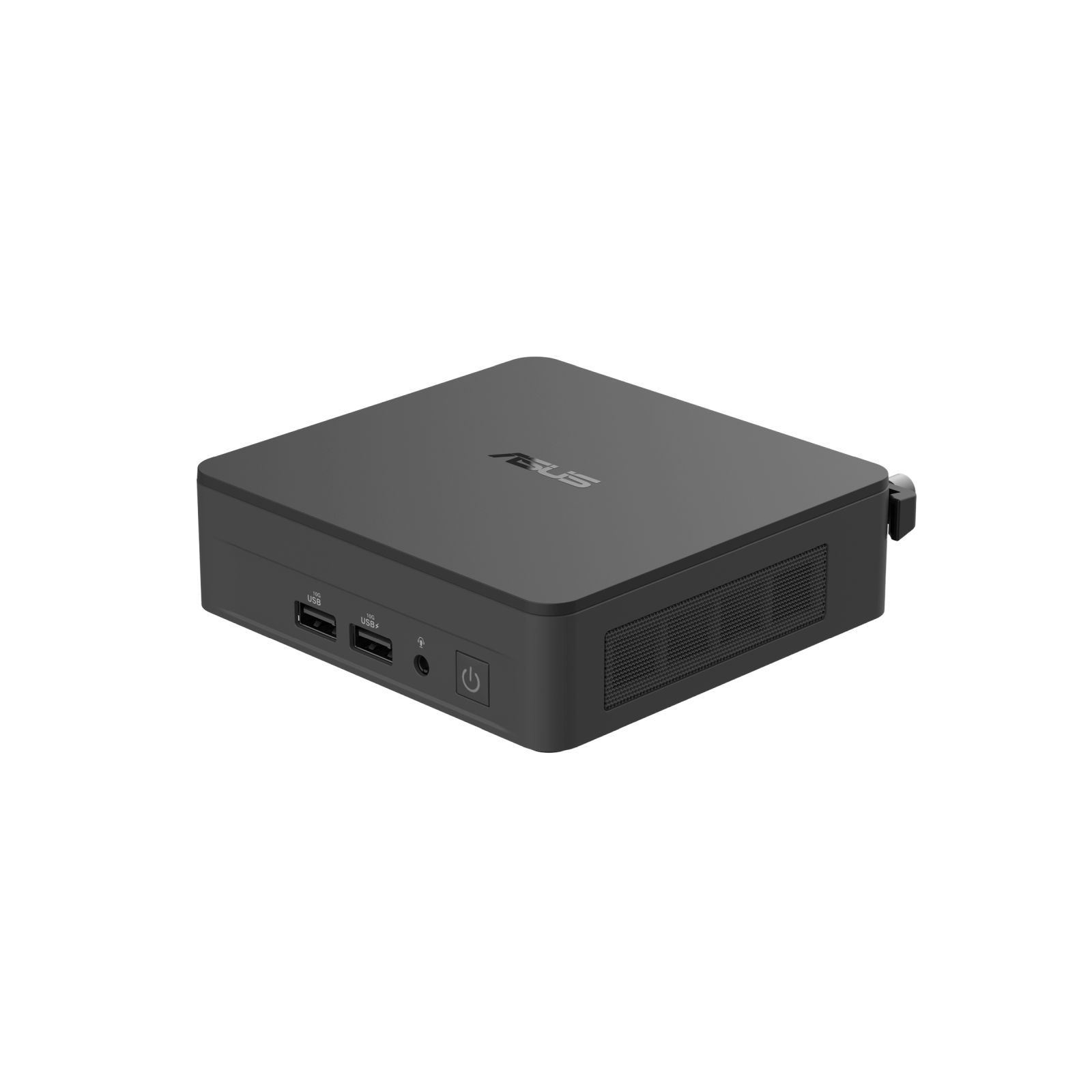 Czarny mini PC ASUS. To kompaktowe, prostokątne urządzenie z portami USB, przyciskiem zasilania i otworem wentylacyjnym.