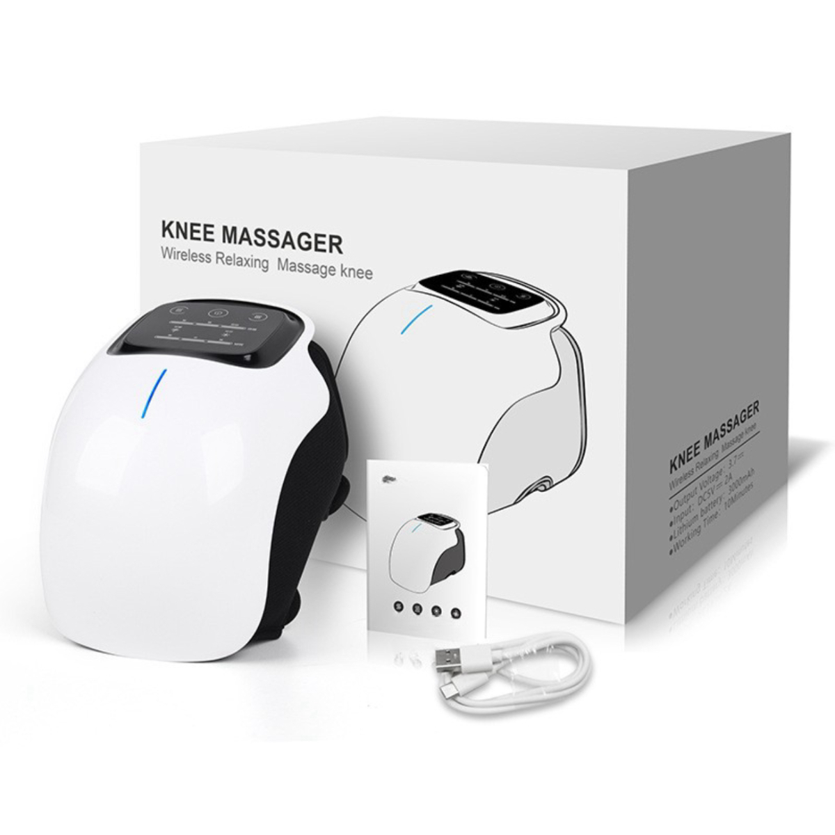 Weißer Kniemassagegerät mit weißem Karton. Produkt hat einen schwarzen Riemen und ein USB-Kabel.