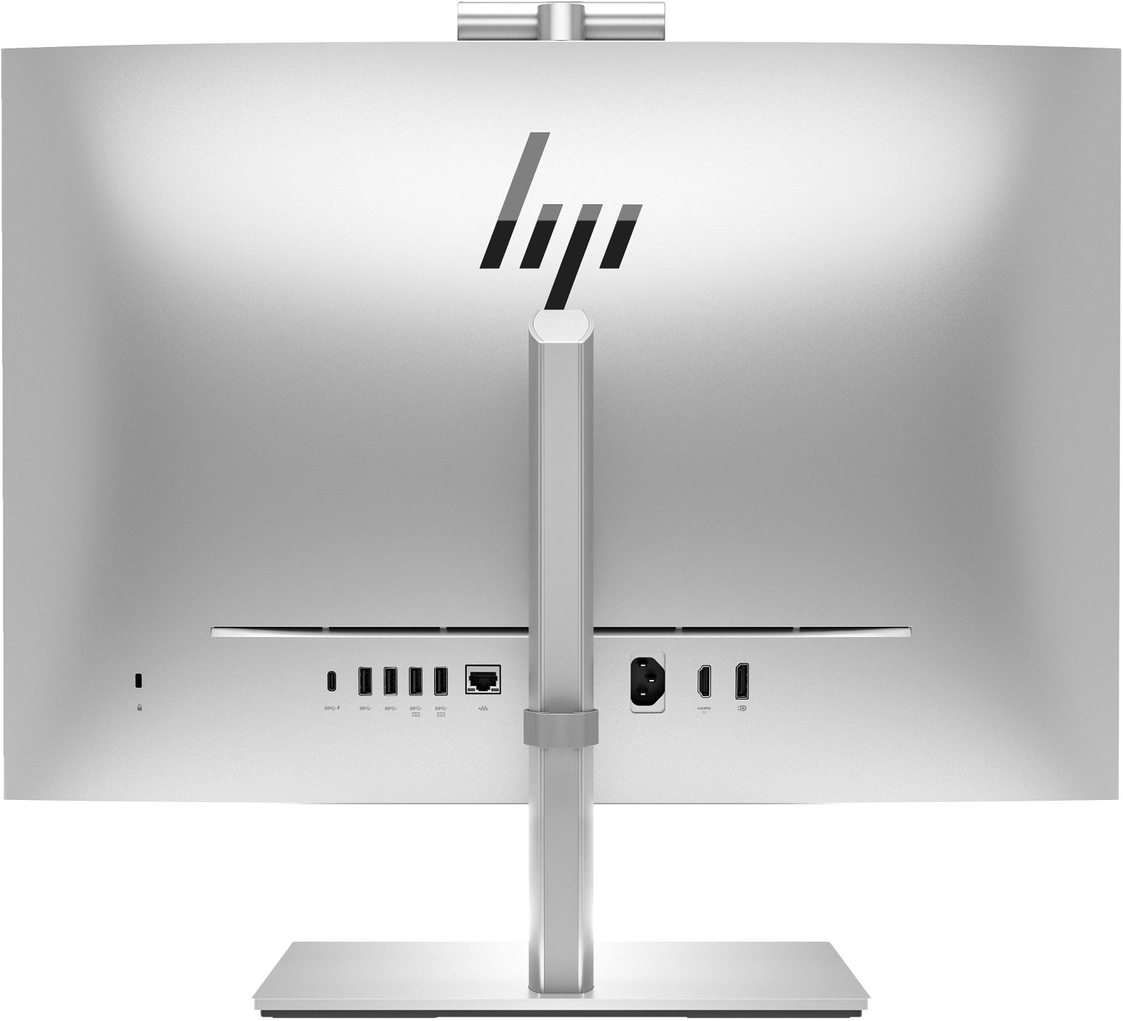 Rückseite eines silbernen HP All-in-One-Computers mit Anschlüssen: USB-C, USB-A, Ethernet, Strom, HDMI.