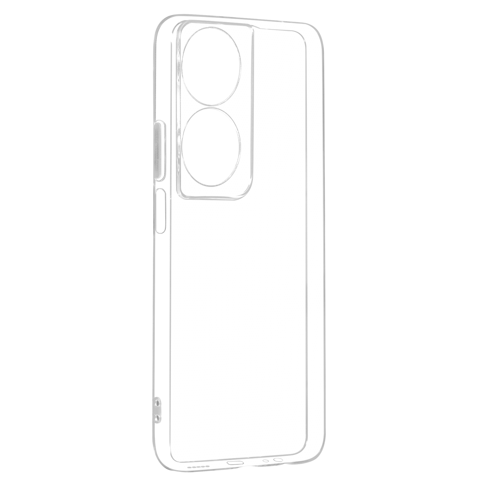 Custodia trasparente per telefono con fori per doppia fotocamera e contorno del pulsante laterale. Nessun telefono dentro.