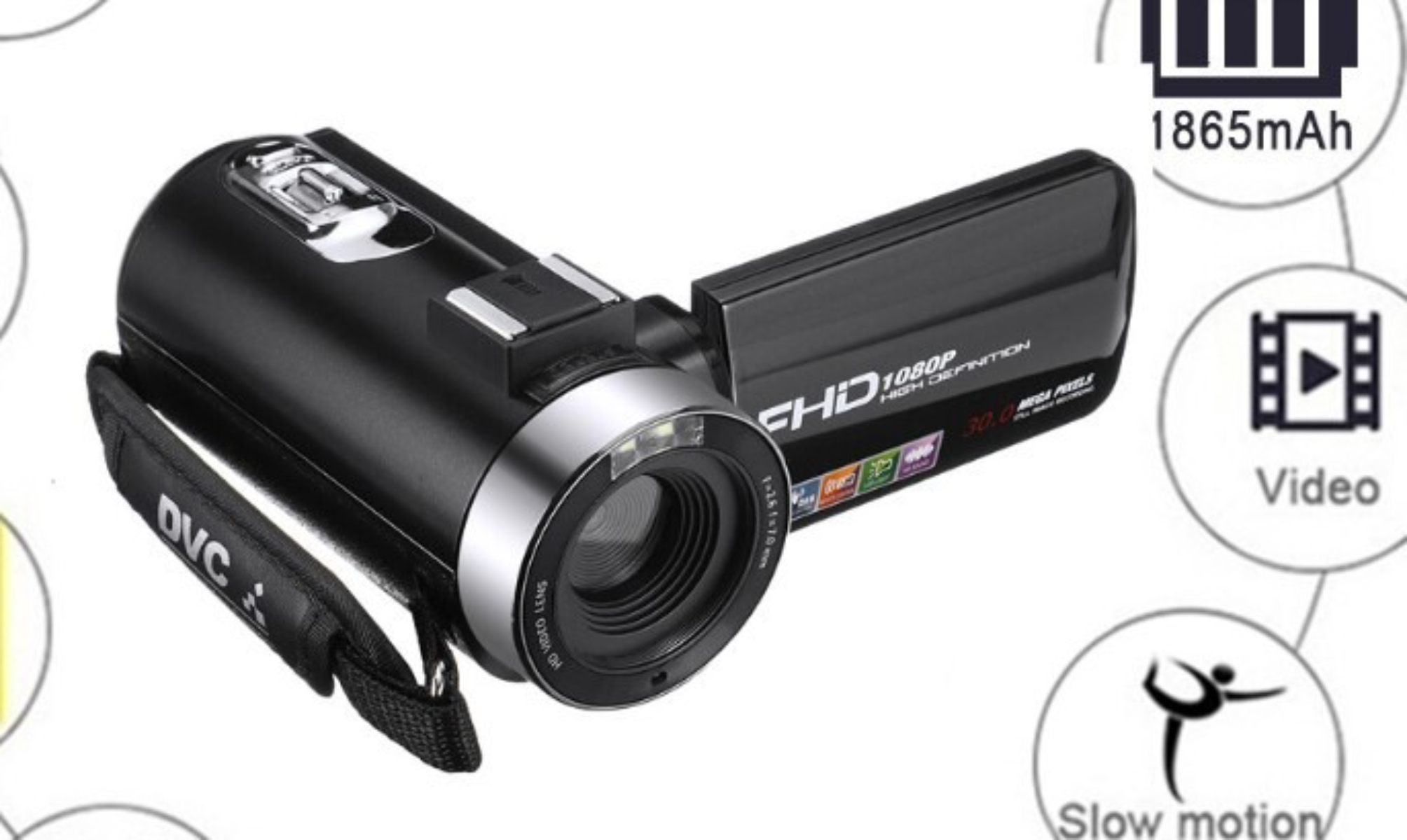 Schwarze Camcorder mit Handschlaufe, Objektiv und Bildschirm. Symbole für Video, Akku und Zeitlupe.